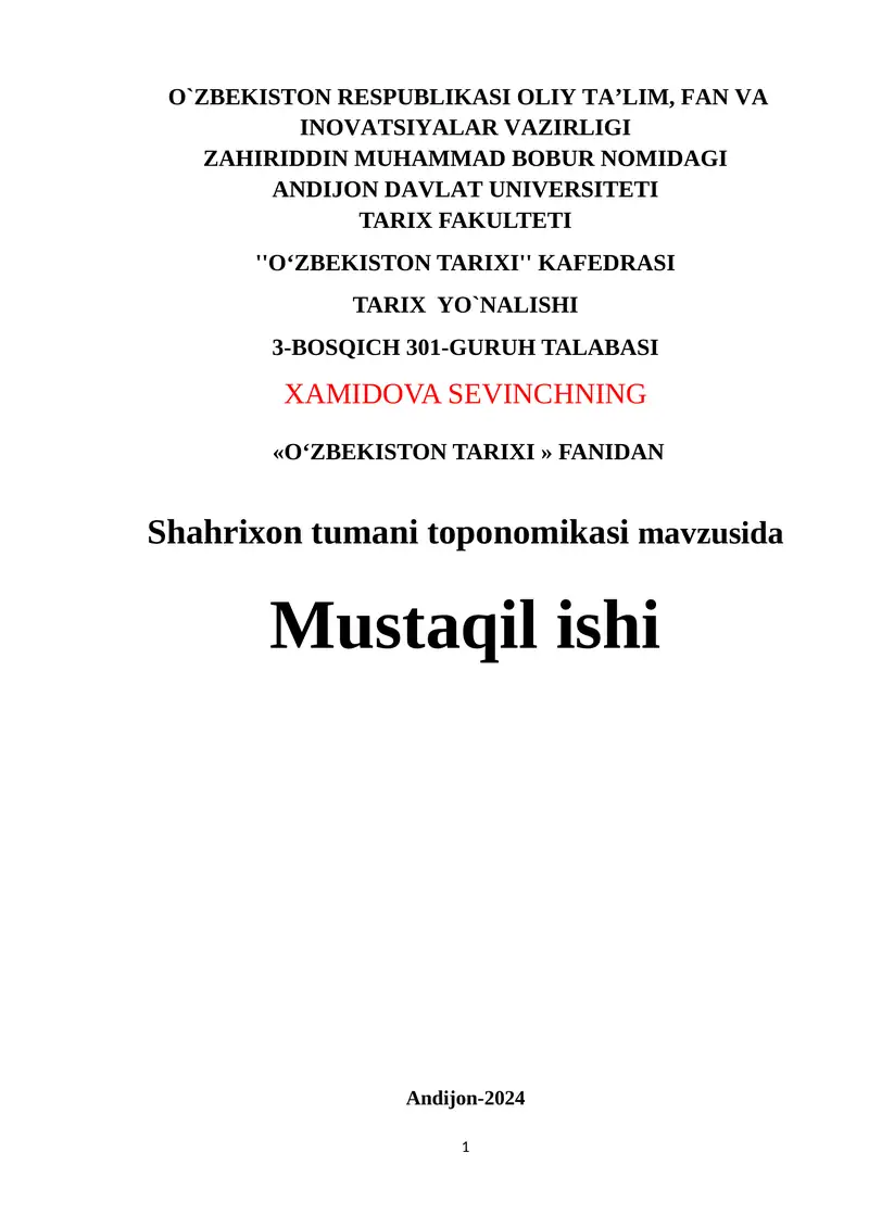 Shahrixon tumani toponomikasi mavzusida