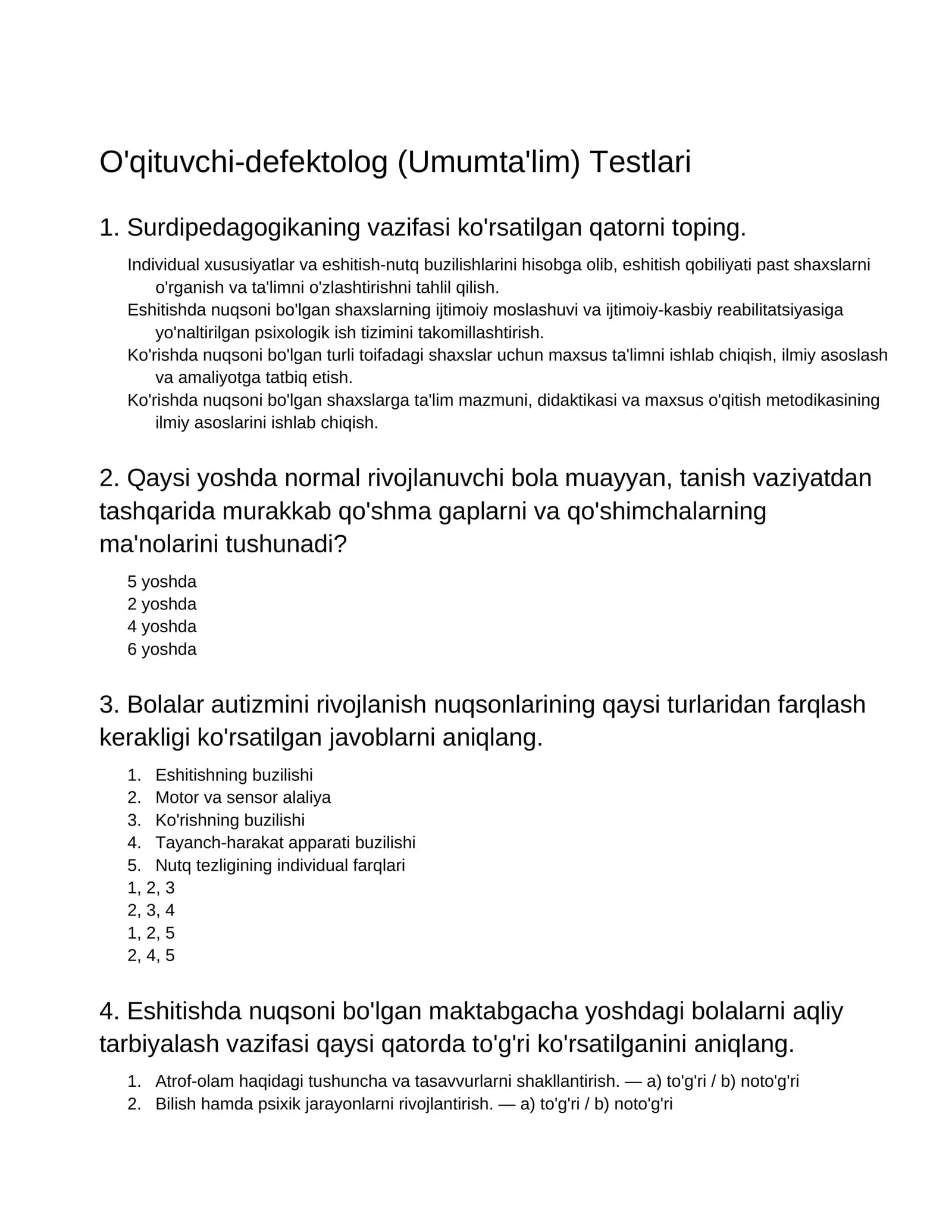 O'qituvchi-defektolog (Umumta'lim) Testlari