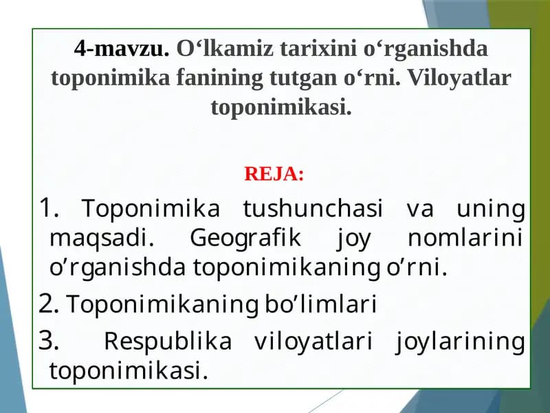 Toponimika fanining o'rganilishi