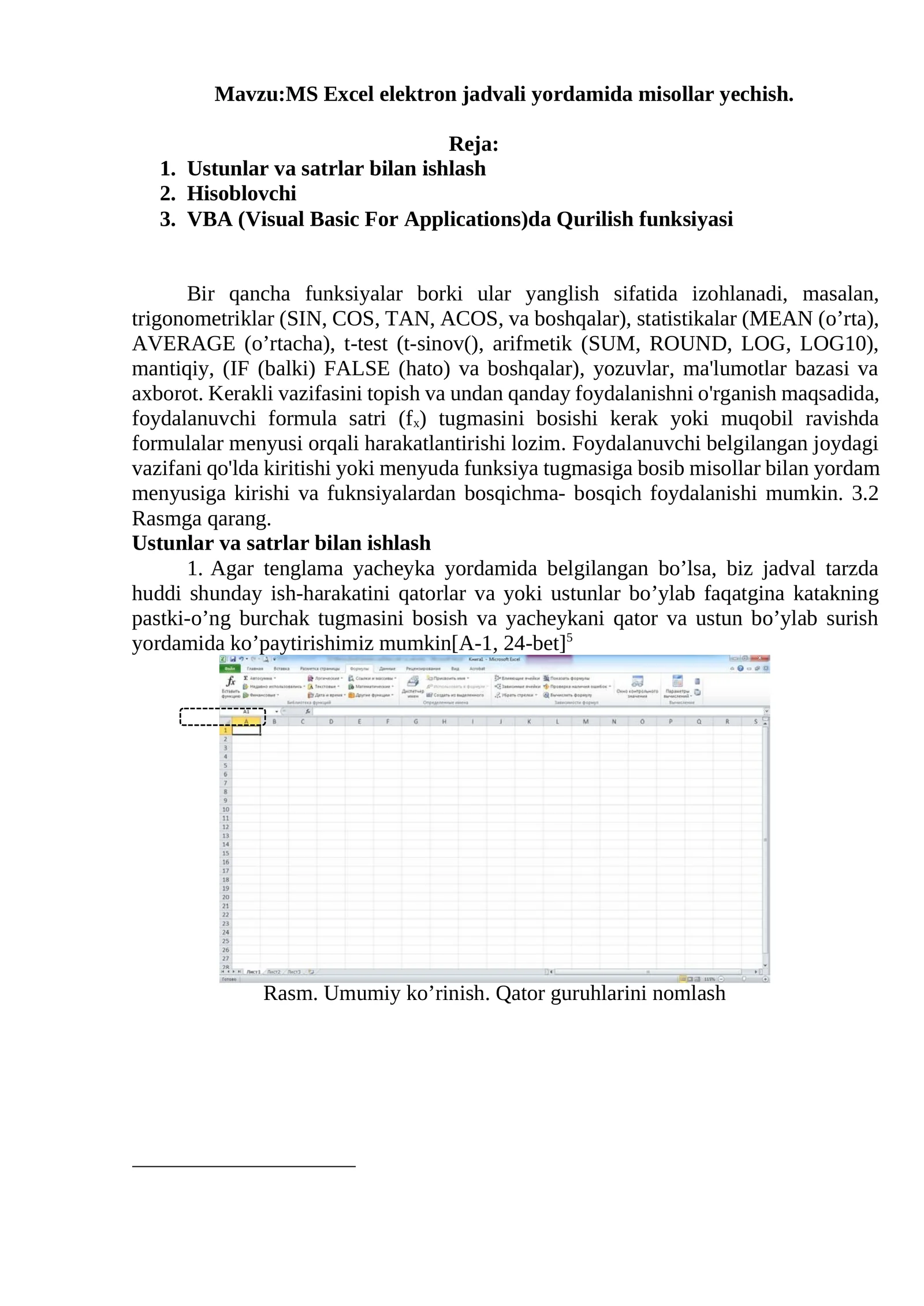 MS Excel elektron jadvali yordamida misollar yechish