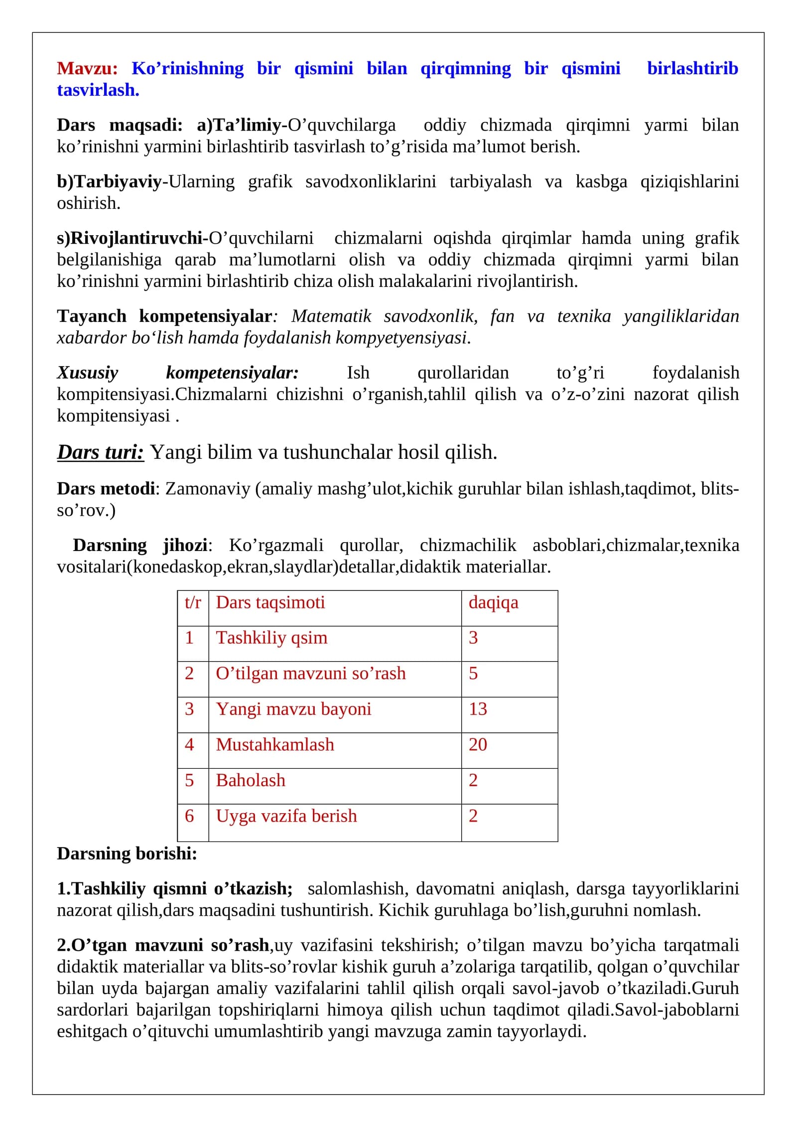 Ko’rinishning bir qismini bilan qirqimning bir qismini  birlashtirib tasvirlash