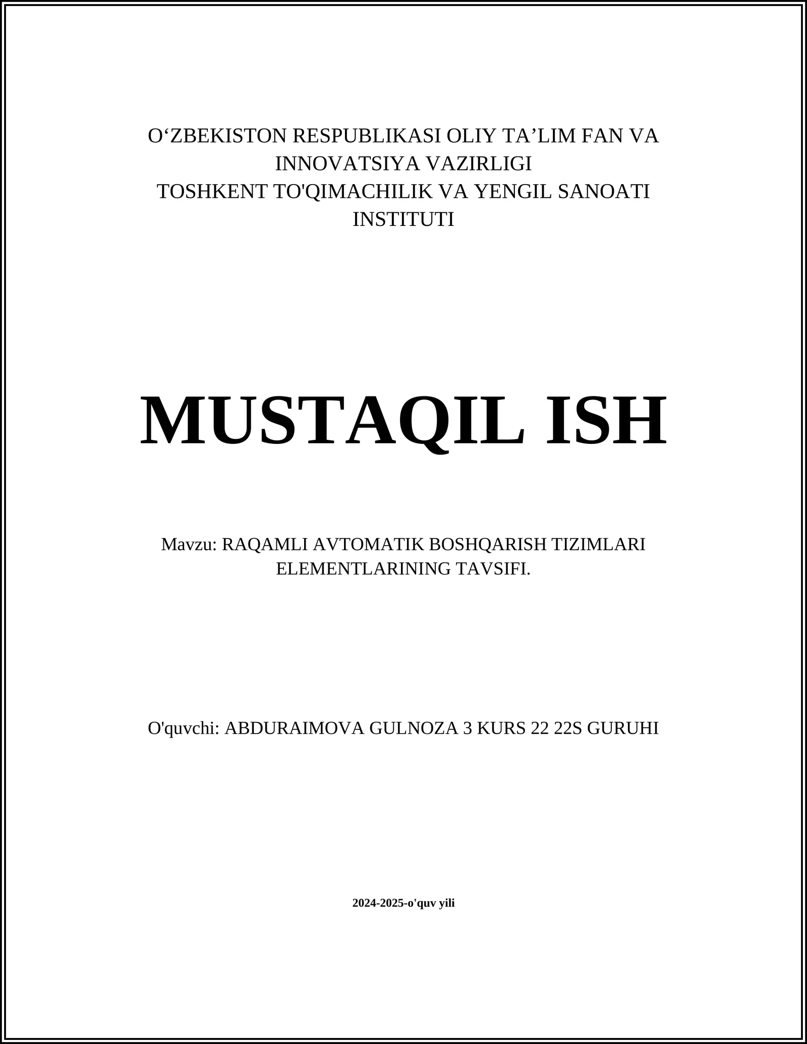 RAQAMLI AVTOMATIK BOSHQARISH TIZIMLARI ELEMENTLARINING TAVSIFI