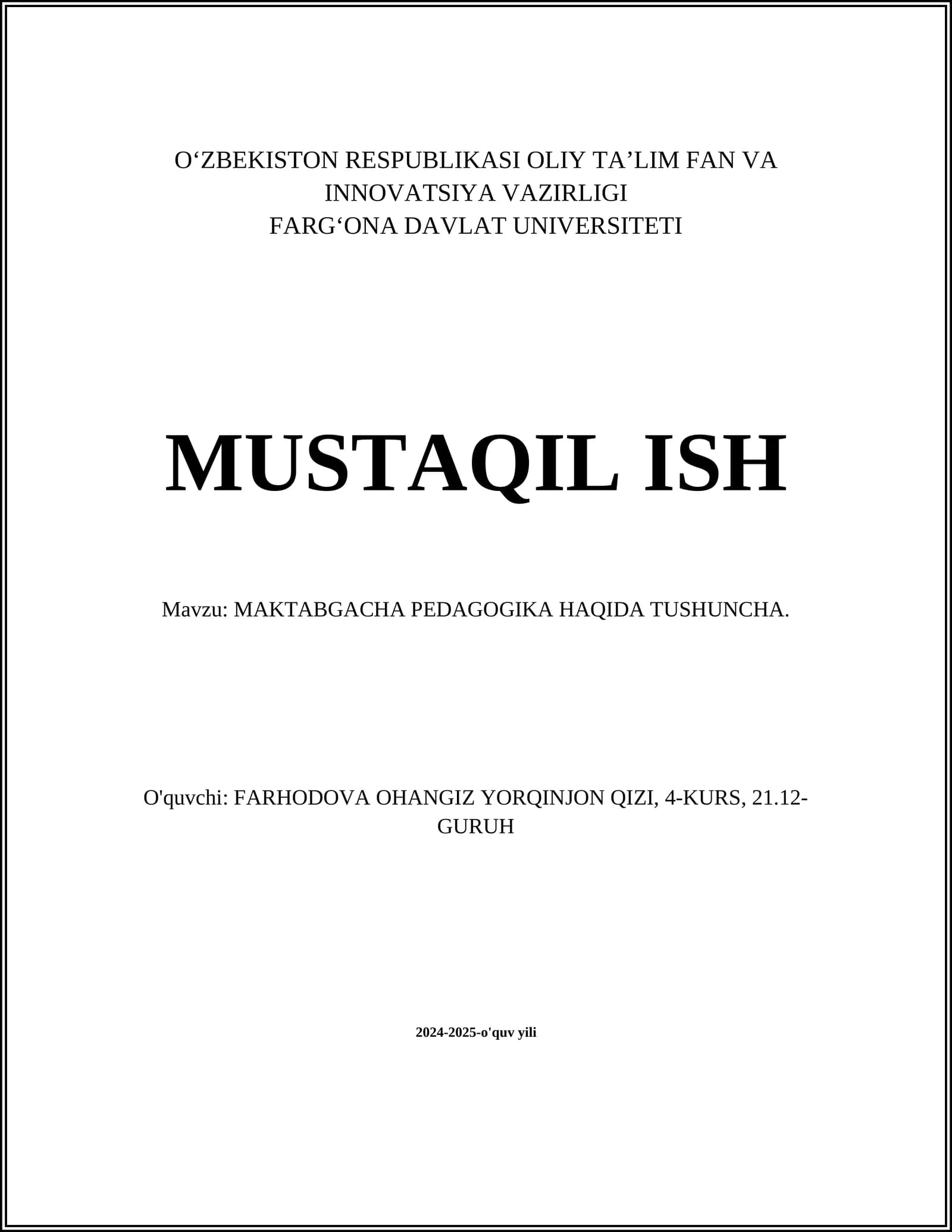 MAKTABGACHA PEDAGOGIKA HAQIDA TUSHUNCHA