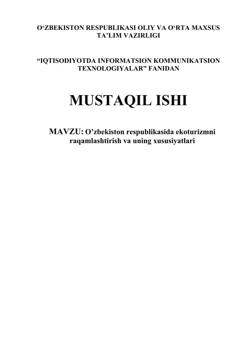 Ekoturizmni raqamlashtirish va uning xususiyatlari