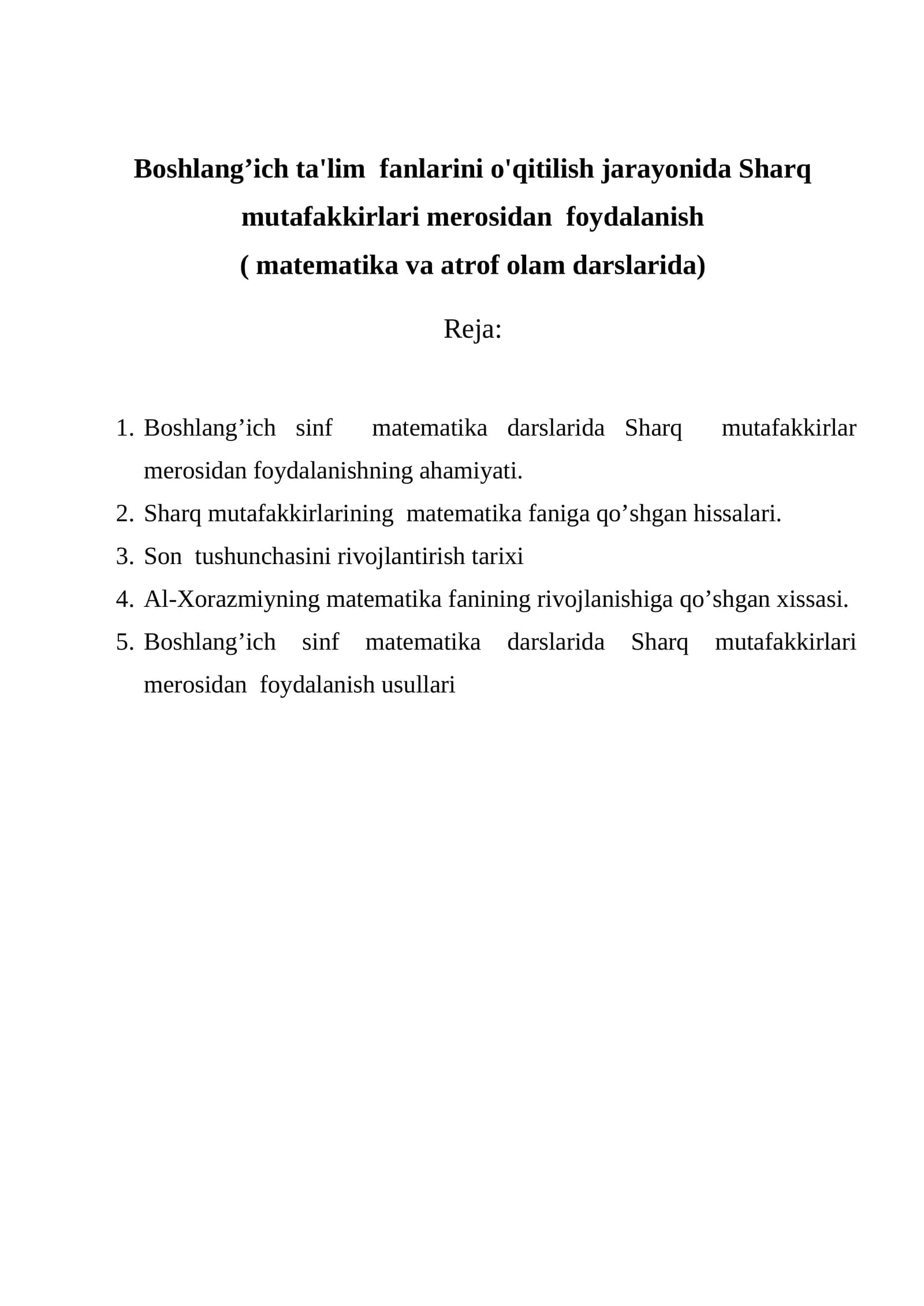 Sharq mutafakkirlari merosidan matematika va atrof olam darslarida