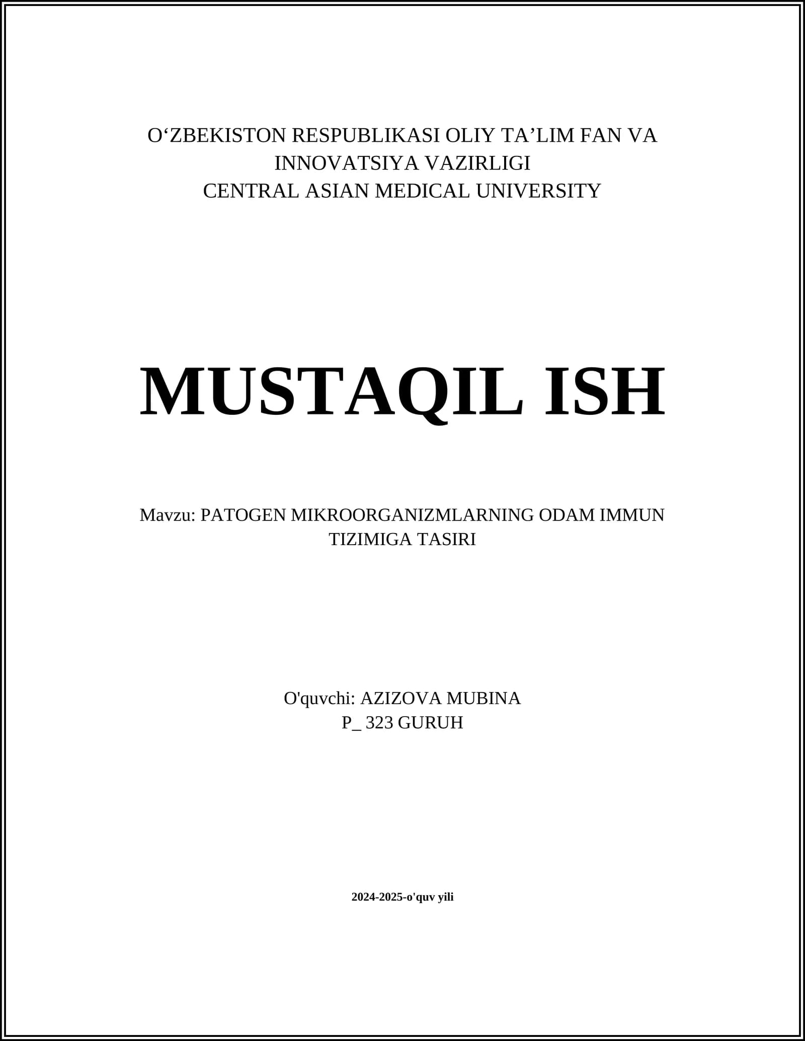 PATOGEN MIKROORGANIZMLARNING ODAM IMMUN TIZIMIGA TASIRI