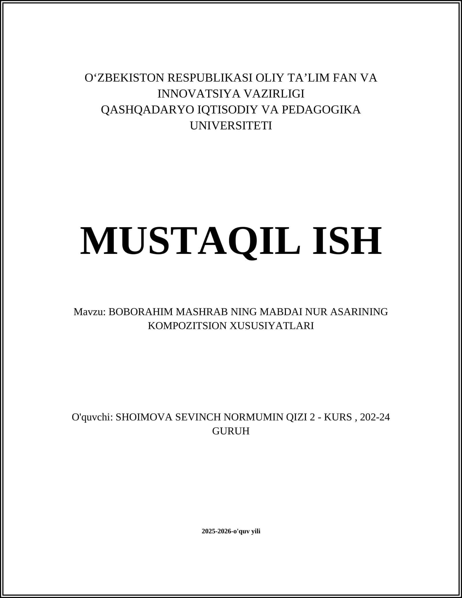 BOBORAHIM MASHRAB NING MABDAI NUR ASARINING KOMPOZITSION XUSUSIYATLARI