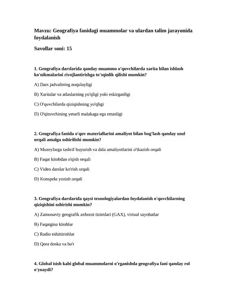 Geografiya fanidagi muammolar va ulardan talim jarayonida foydalanish