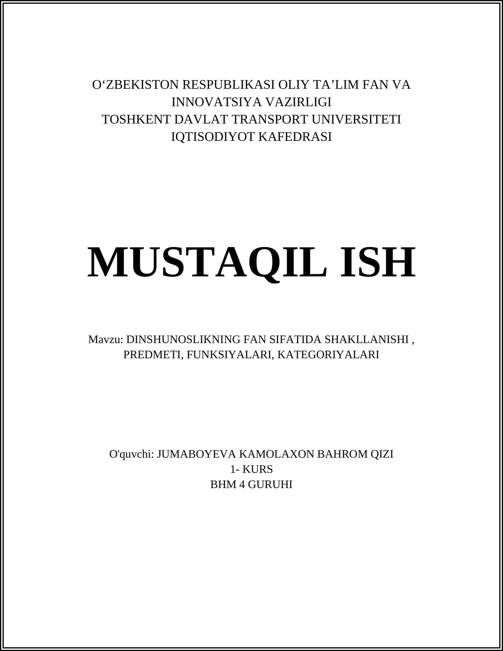 DINSHUNOSLIKNING FAN SIFATIDA SHAKLLANISHI, PREDMETI, FUNKSIYALARI, KATEGORIYALARI