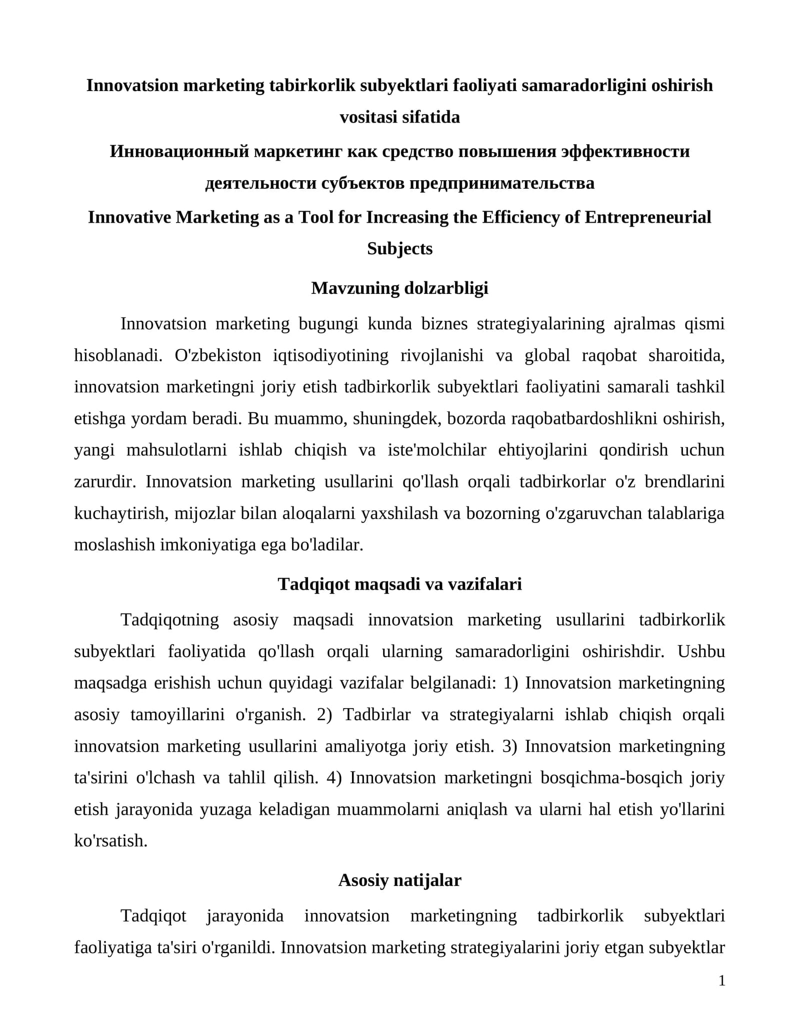 Innovatsion marketing tabirkorlik subyektlari faoliyati samaradorligini oshirish vositasi sifatida