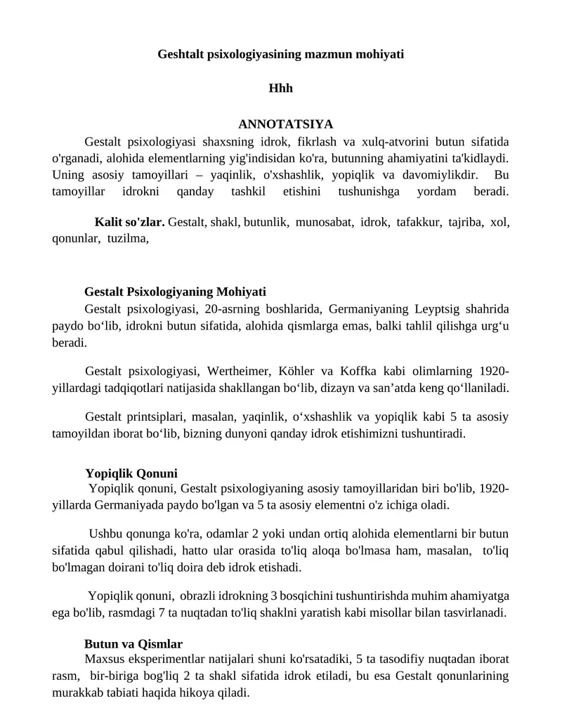 Gestalt psixologiyasining mazmun mohiyati