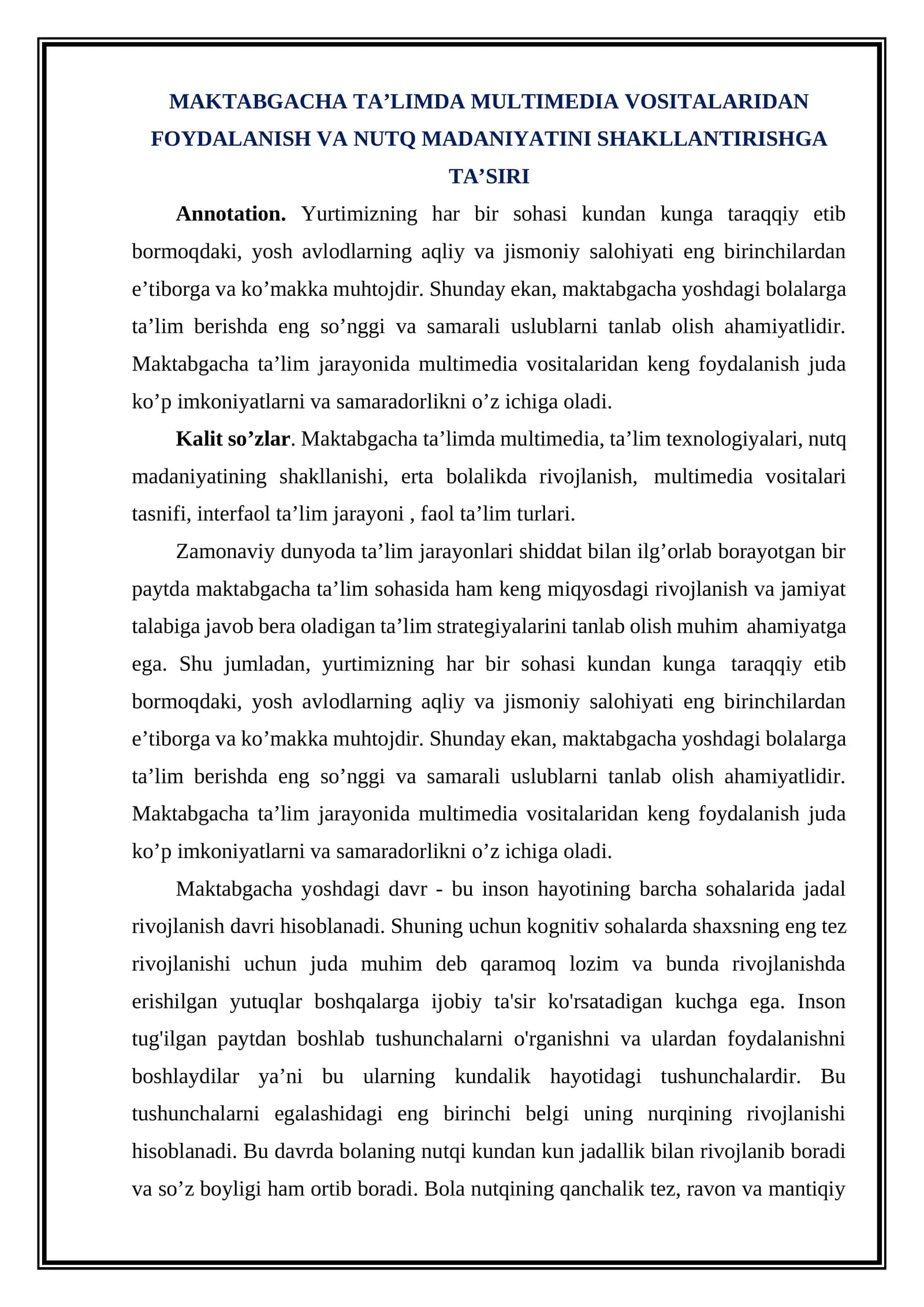 MAKTABGACHA TA’LIMDA MULTIMEDIA VOSITALARIDAN FOYDALANISH VA NUTQ MADANIYATINI SHAKLLANTIRISHGA TA’SIRI