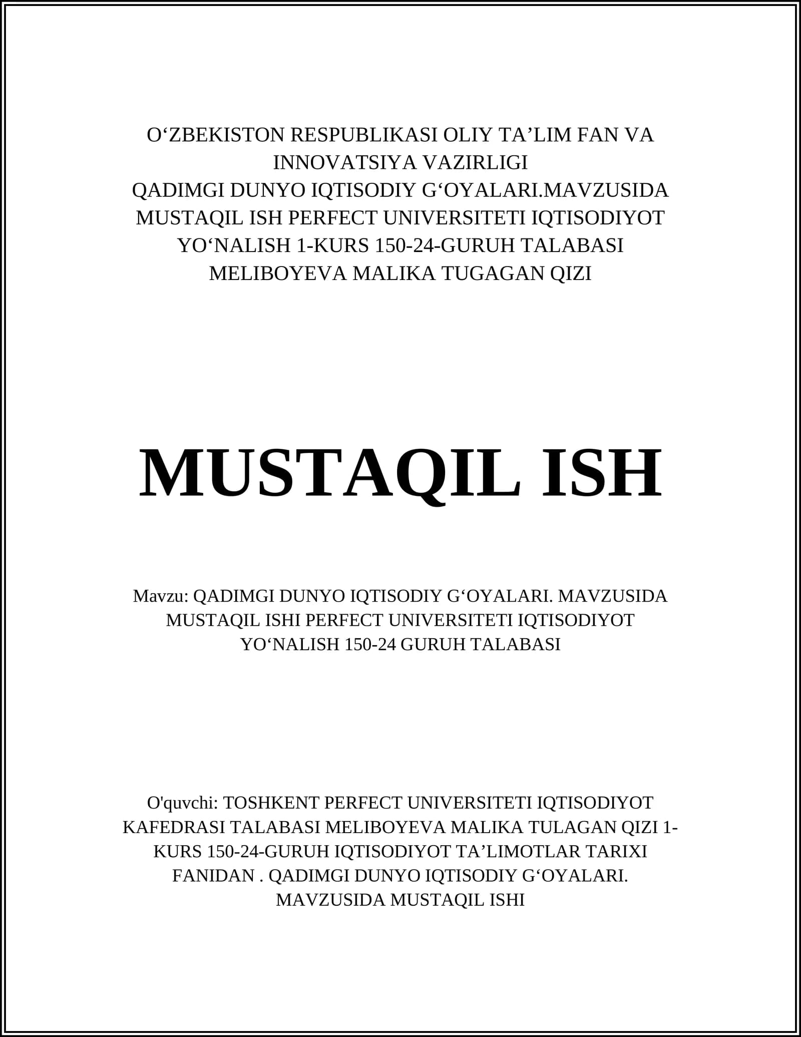 QADIMGI DUNYO IQTISODIY G‘OYALARI