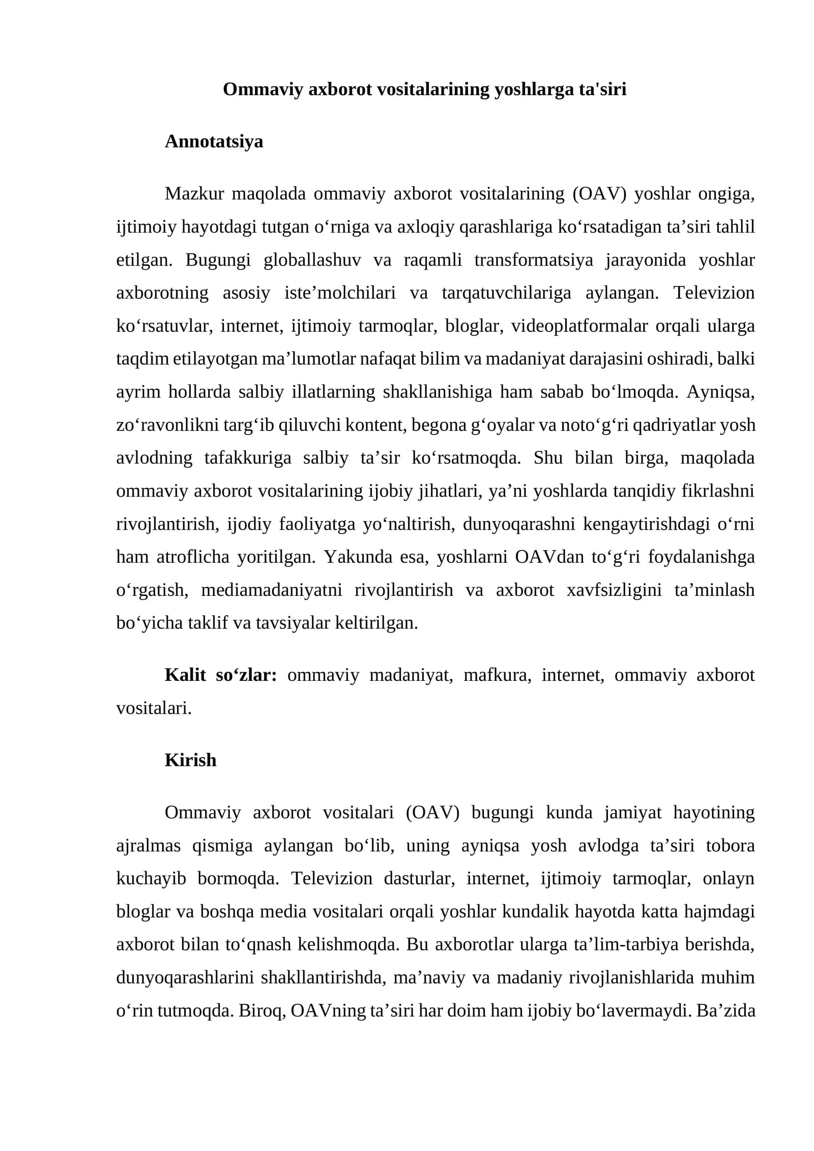 Ommaviy axborot vositalarining yoshlarga ta'siri