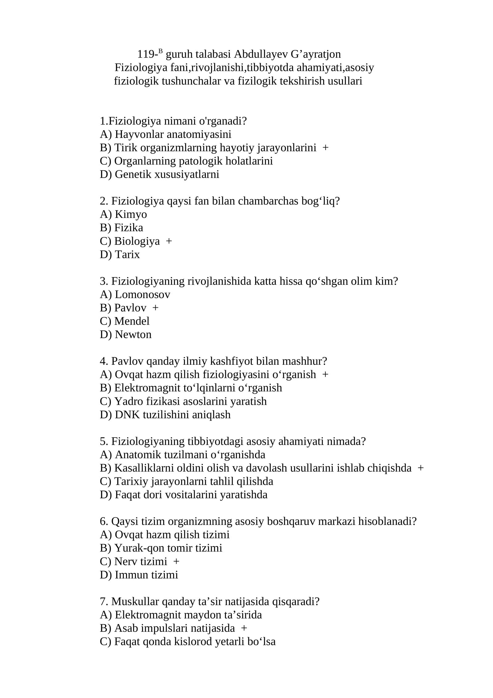 Fiziologiya fani haqida test savollar