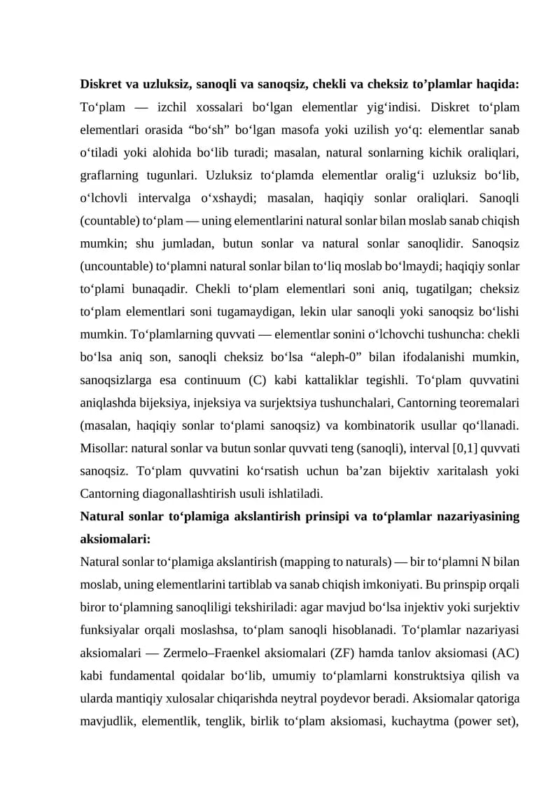 Diskret va uzluksiz, sanoqli va sanoqsiz, chekli va cheksiz to’plamlar