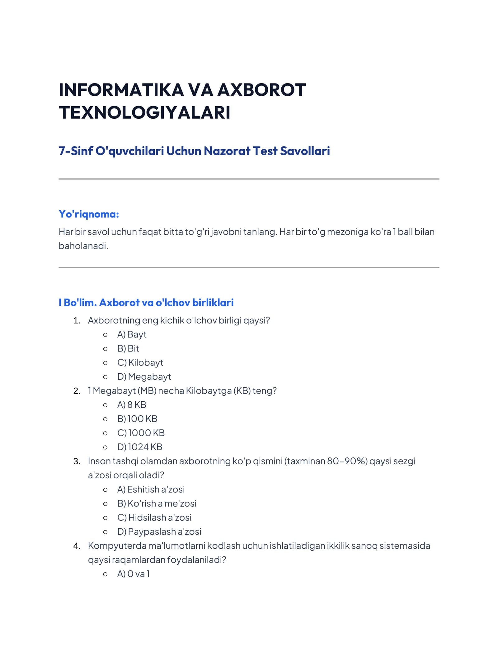7-Sinf O'quvchilari Uchun Nazorat Test Savollari