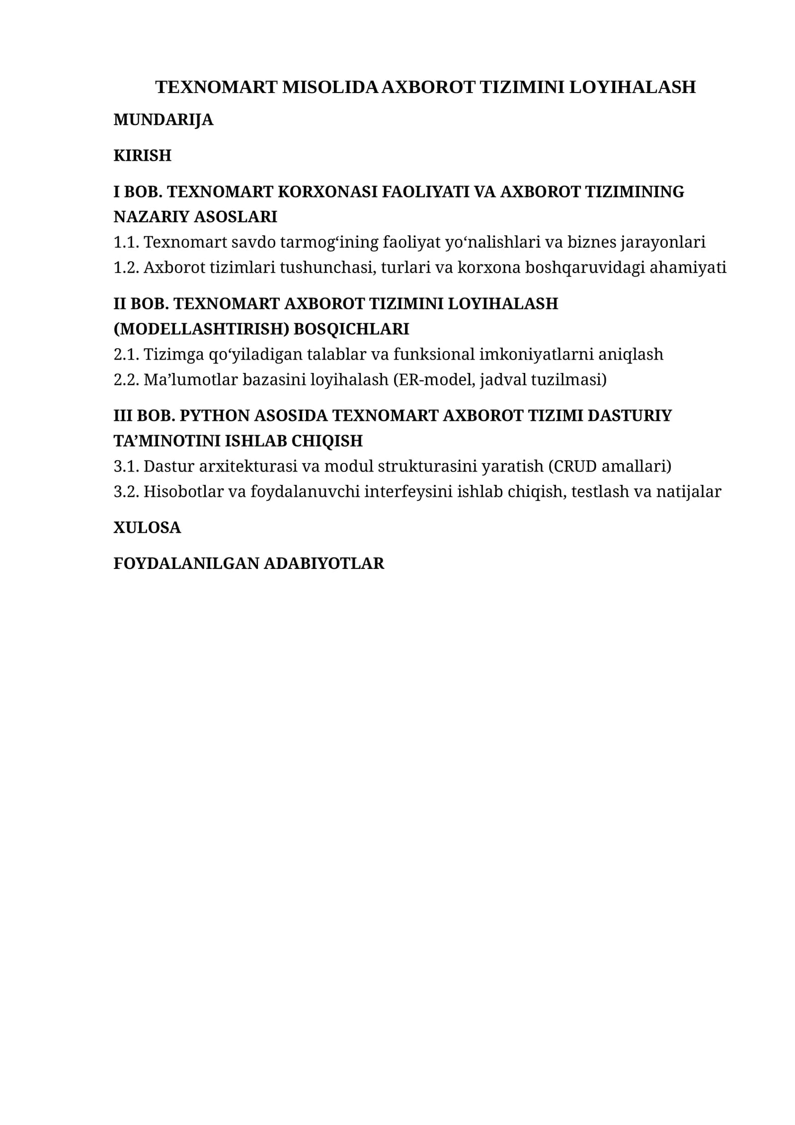 TEXNOMART AXBOROT TIZIMINI LOYIHALASH