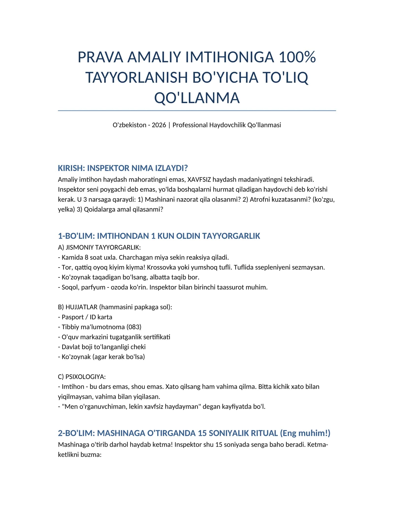Professional Haydovchilik Qo'llanmasi Amaliy imtihonga tayyorgarlik