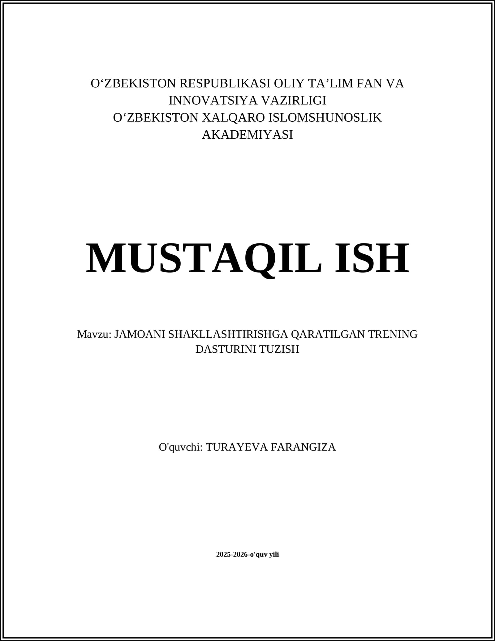 JAMOANI SHAKLLASHTIRISHGA QARATILGAN TRENING DASTURINI TUZISH