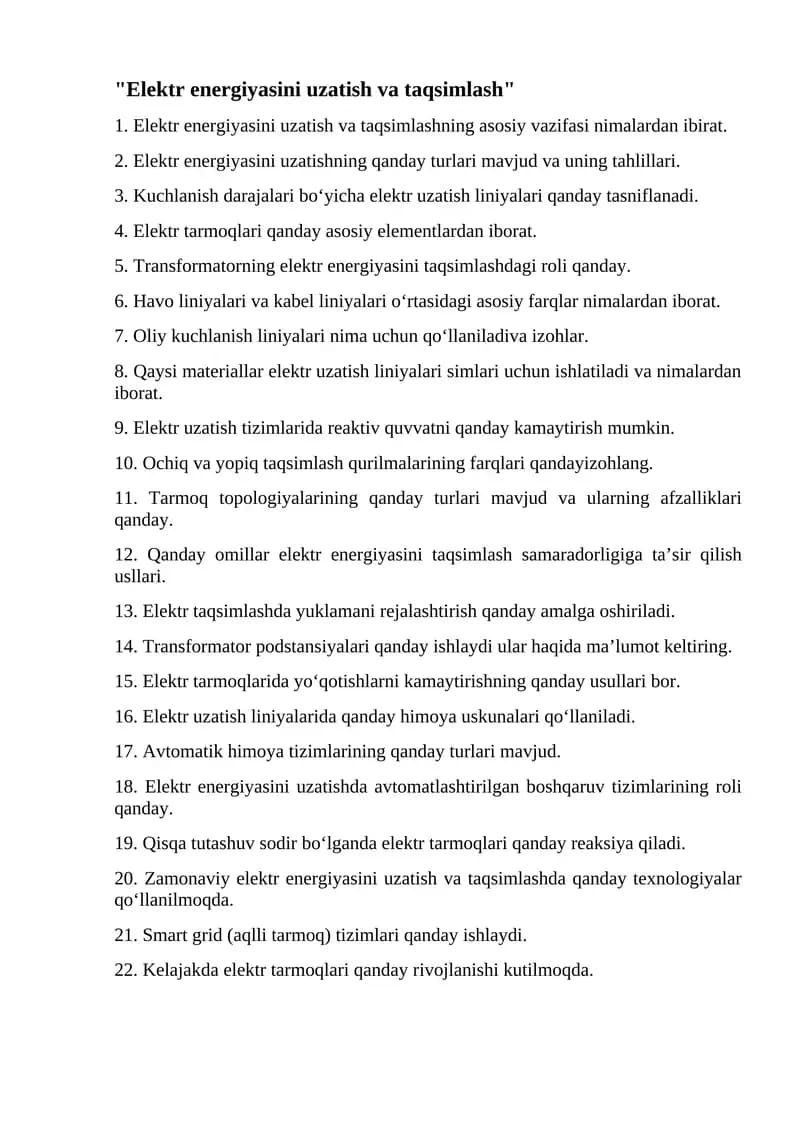 Elektr energiyasini uzatish va taqsimlash
