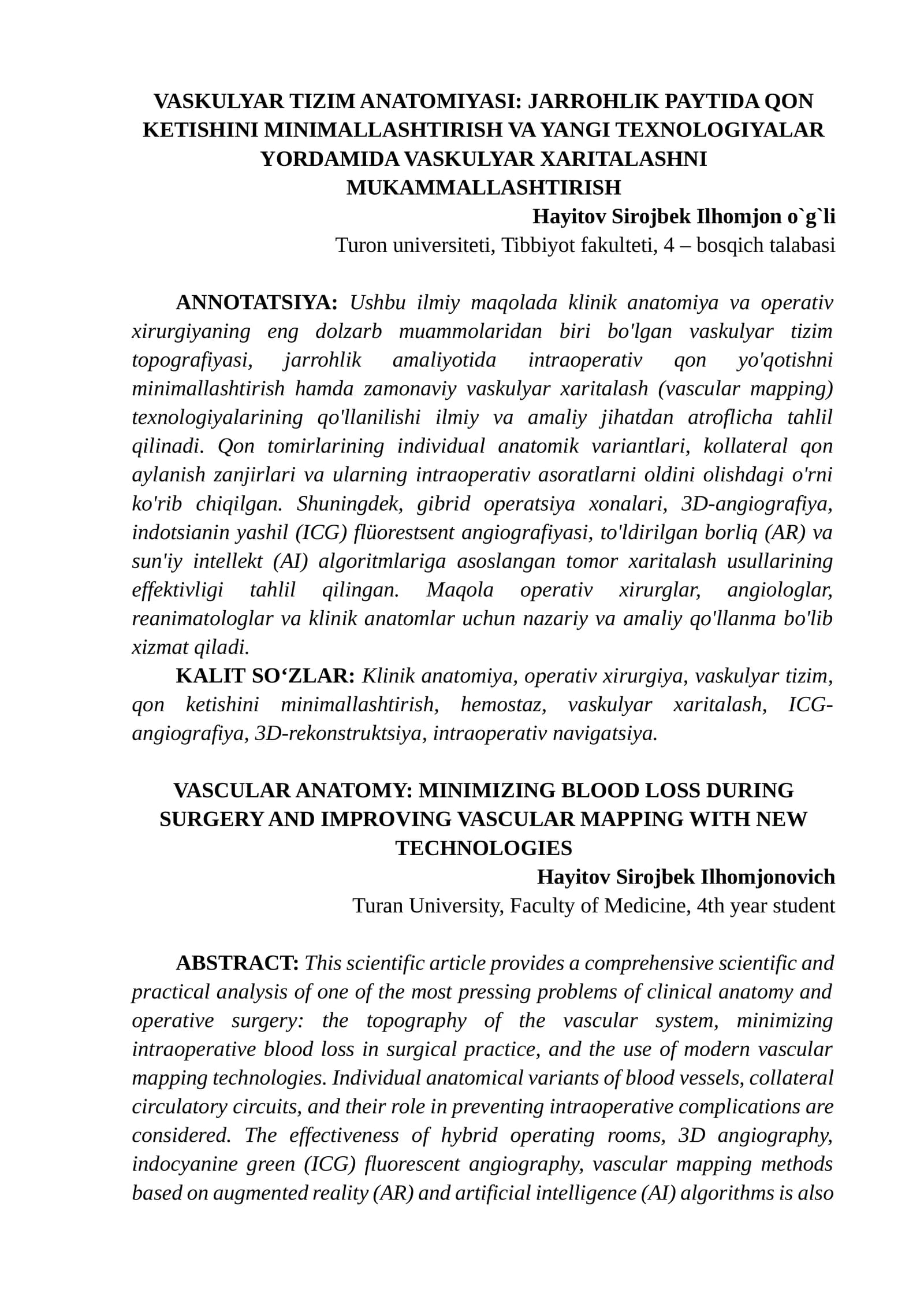 VASKULYAR TIZIM ANATOMIYASI: QON KETISHINI MINIMALLASHTIRISH