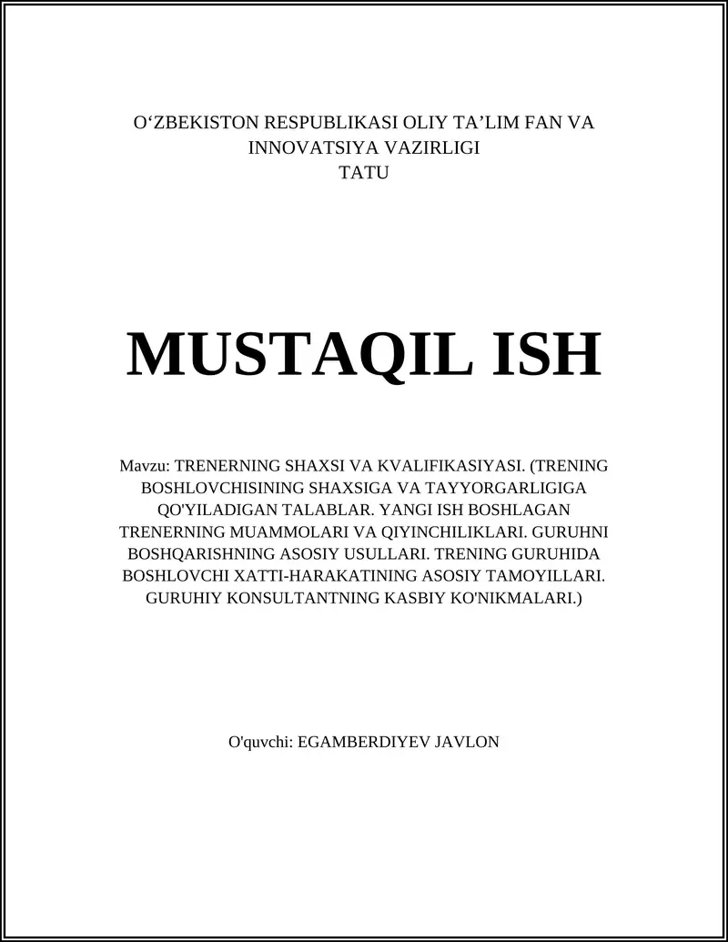 TRENERNING SHAXSI VA KVALIFIKASIYASI
