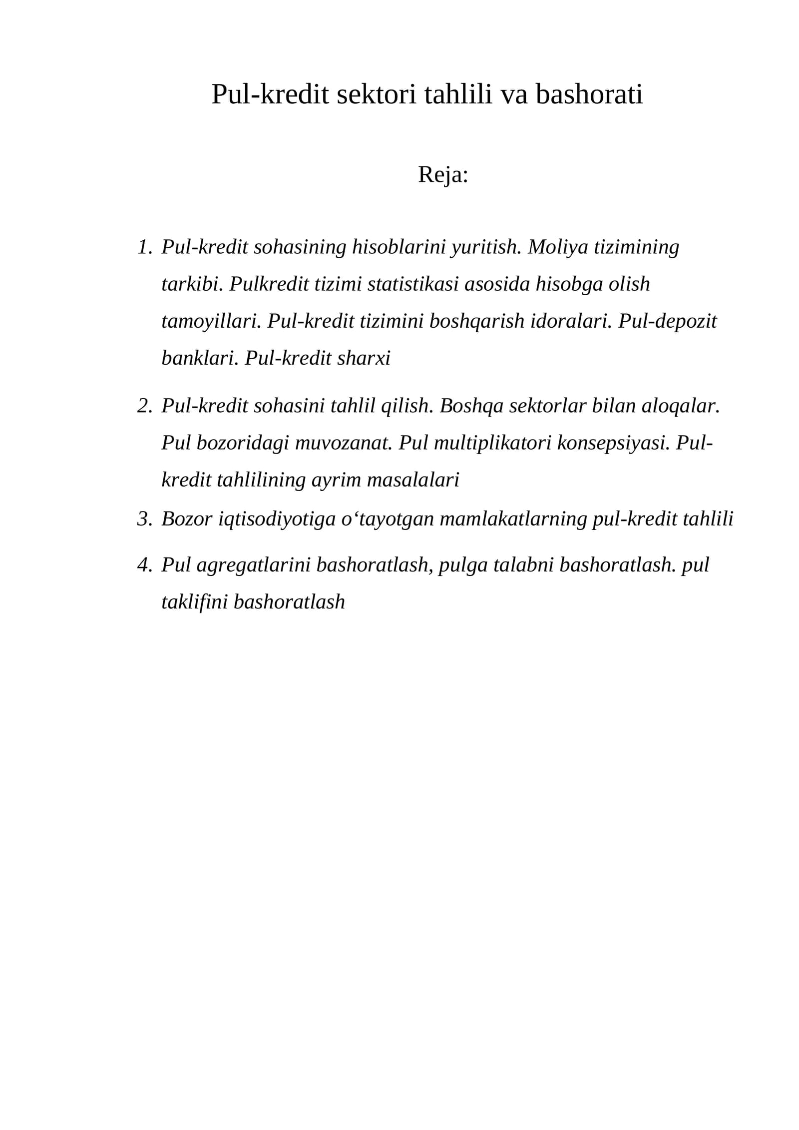 Pul-kredit sektori tahlili va bashorati