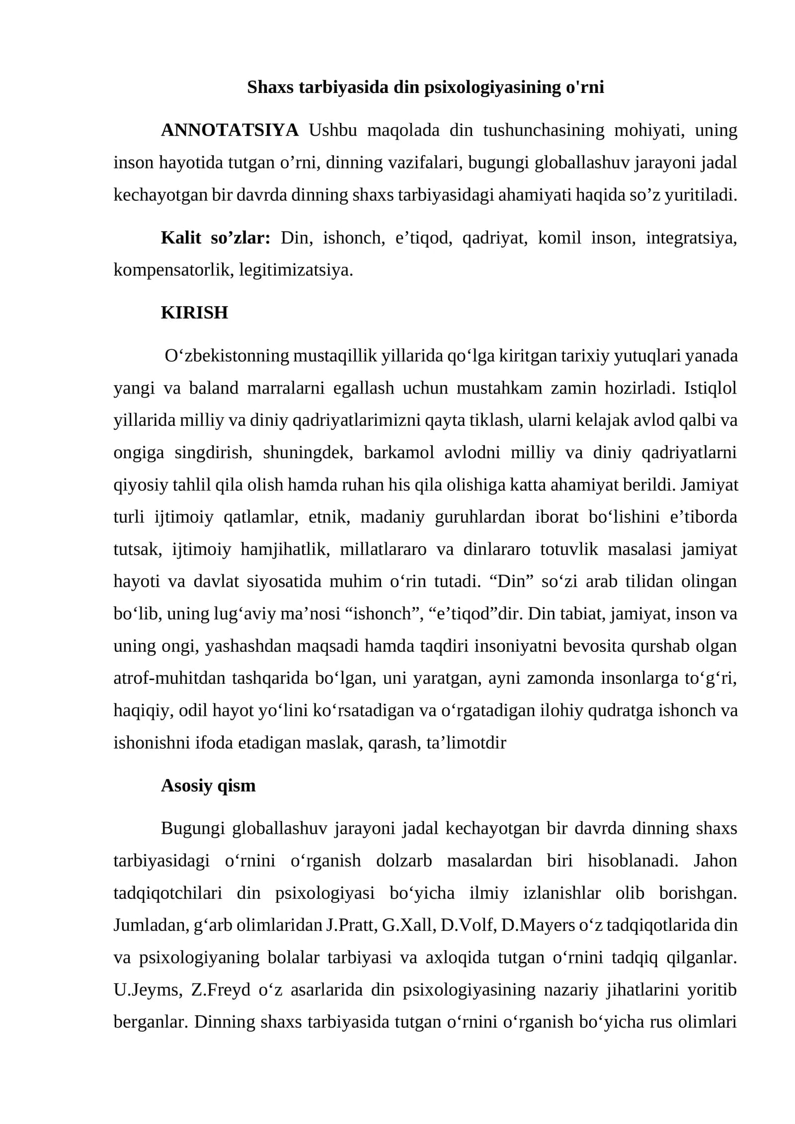 Shaxs tarbiyasida din psixologiyasining o'rni