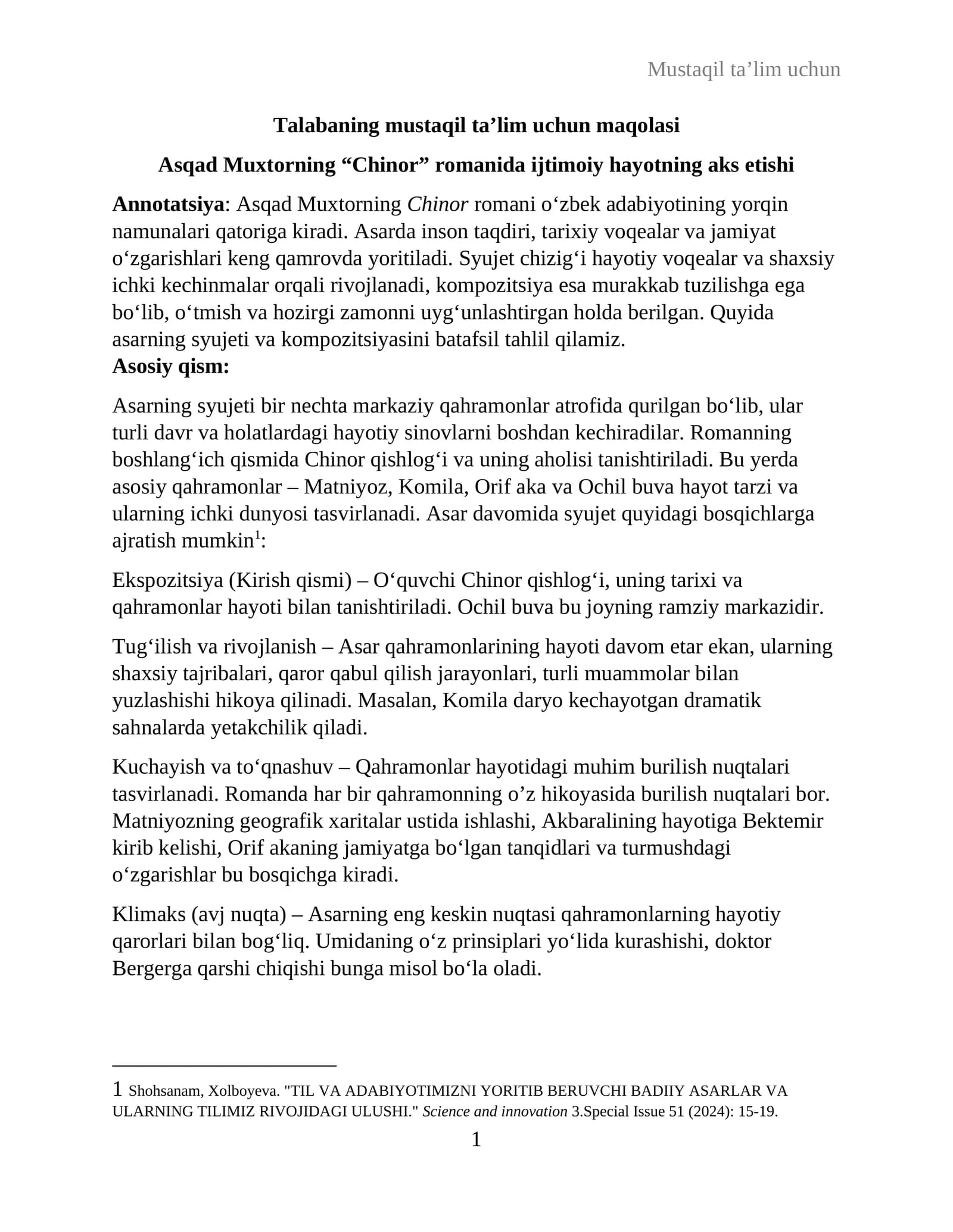 Asqad Muxtorning "Chinor" romani