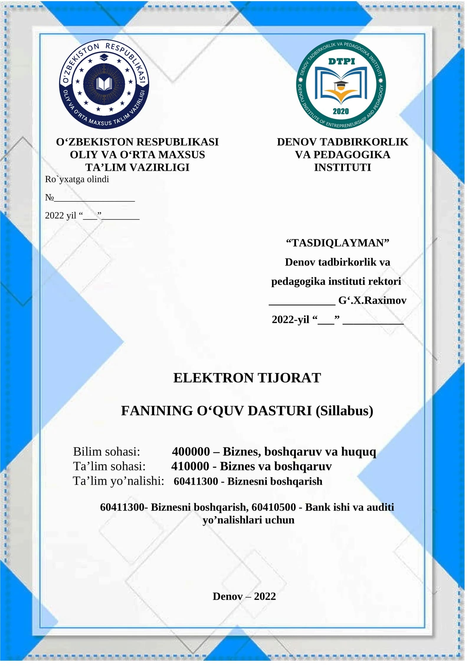 Elektron tijorat fanining o'quv dasturi