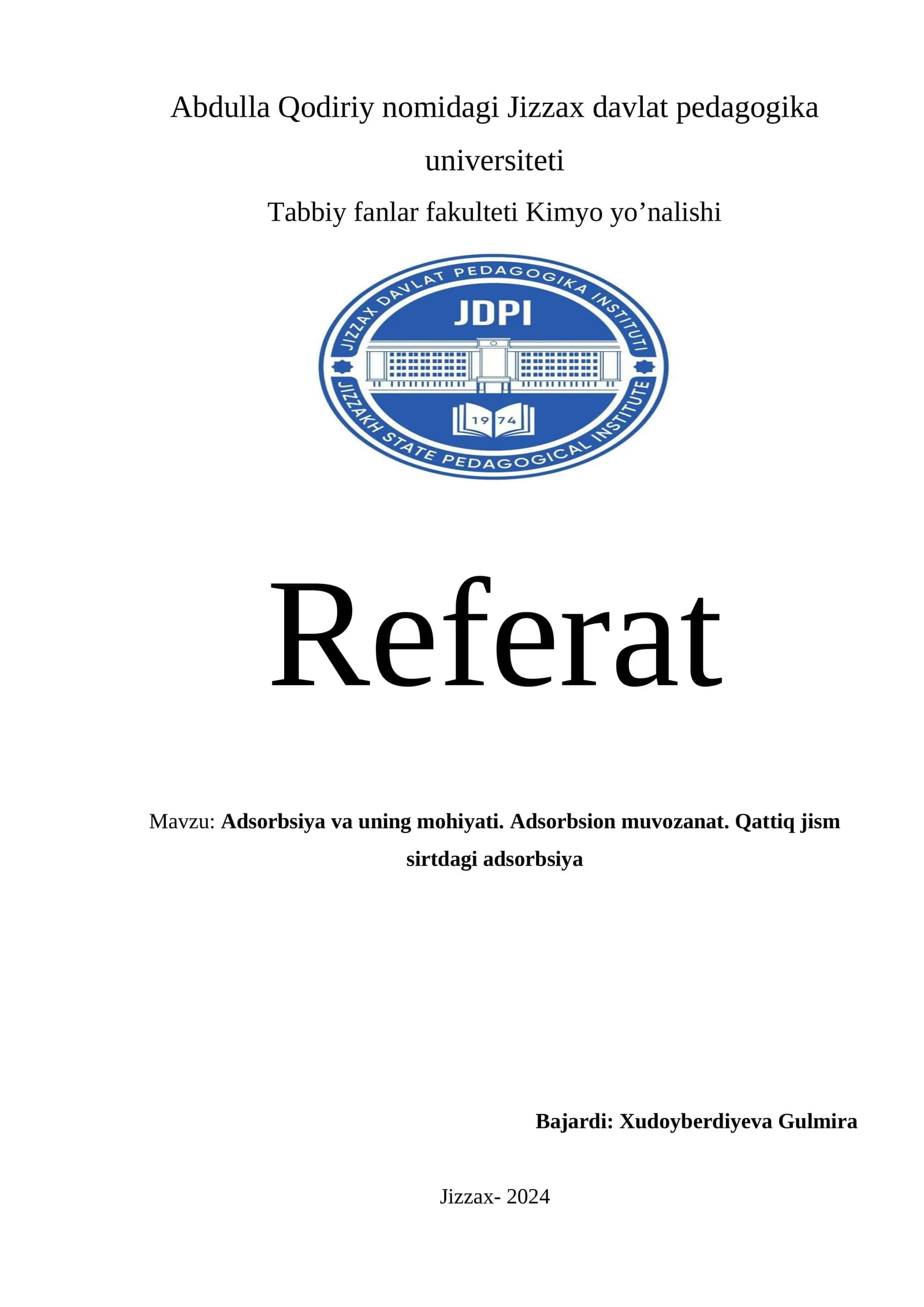 Kimyo yoʼnalishi Referat