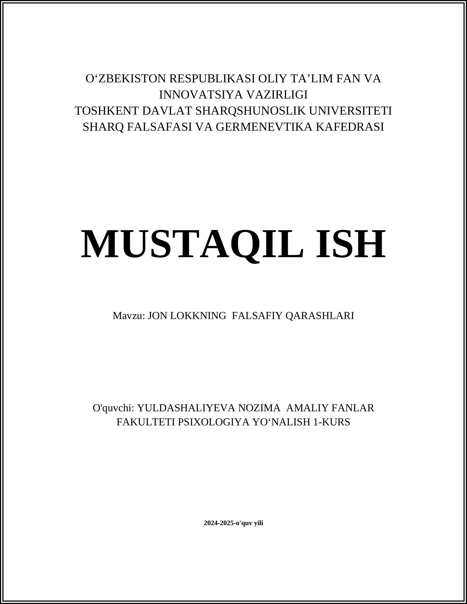 JON LOKKNING FALSAFIY QARASHLARI