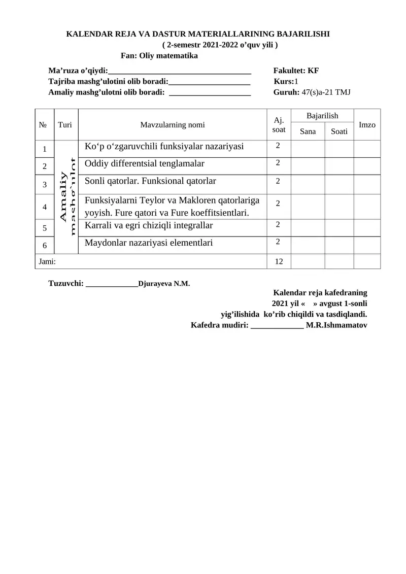 KALENDAR REJA VA DASTUR MATERIALLARI
