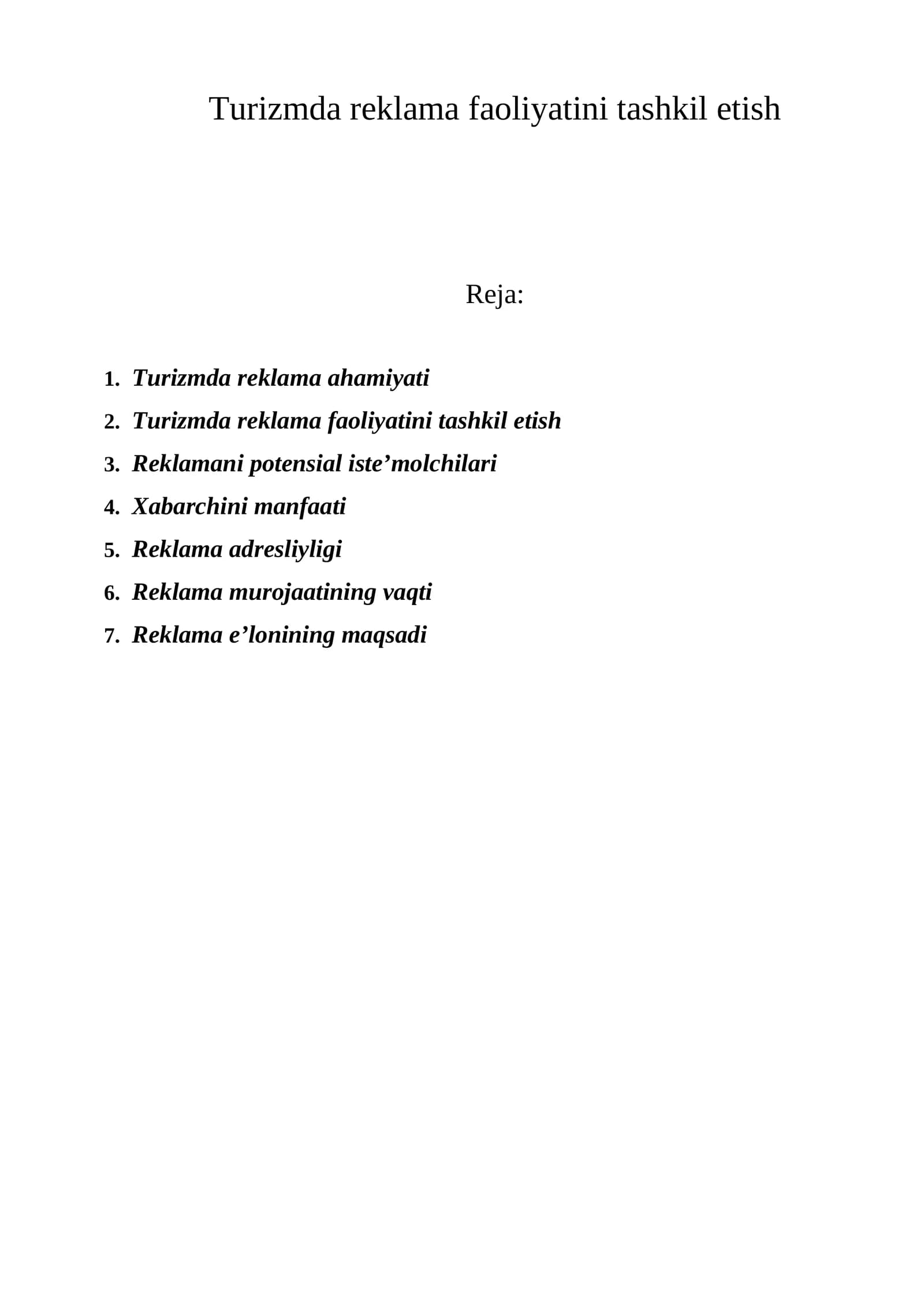 Turizmda reklama faoliyatini tashkil etish