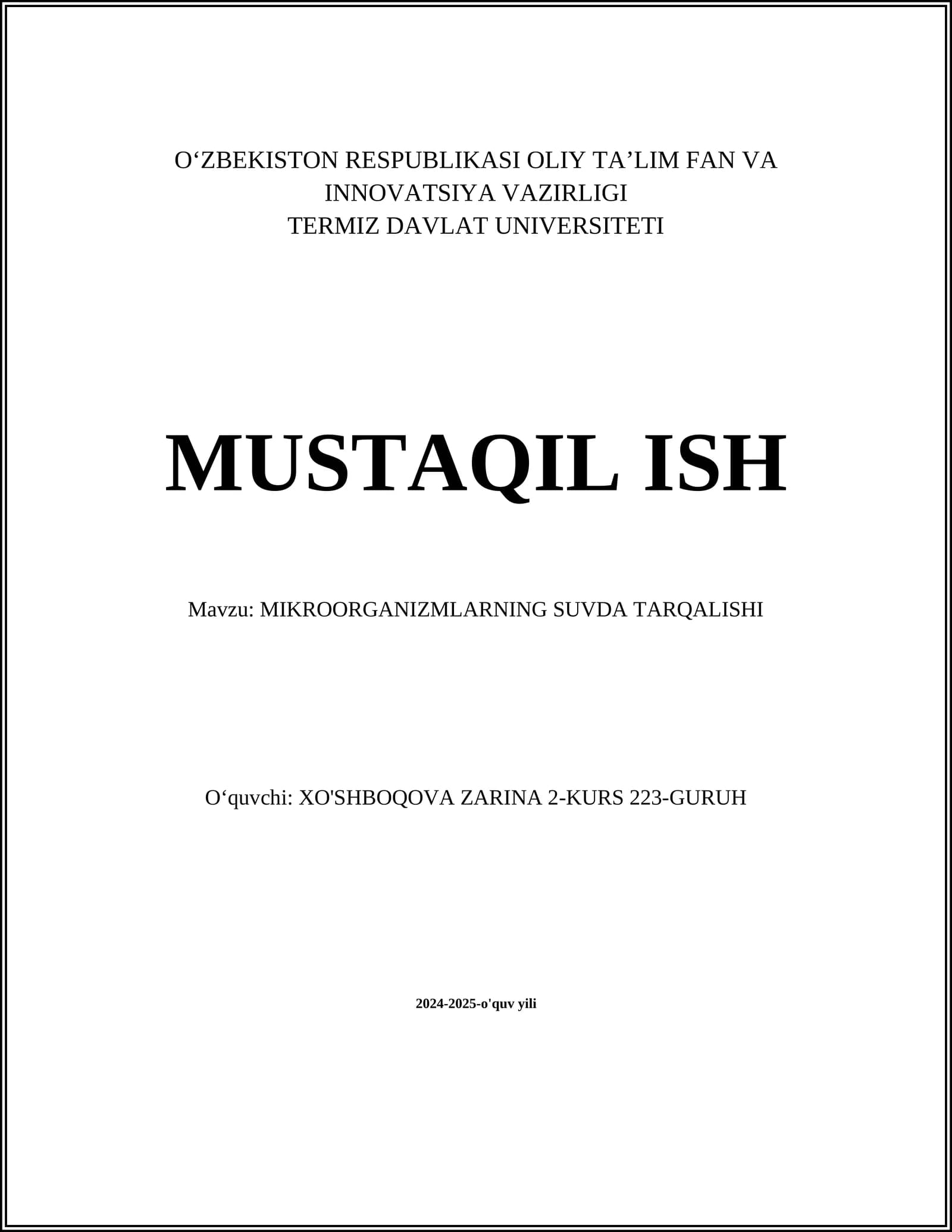 MIKROORGANIZMLARNING SUVDA TARQALISHI