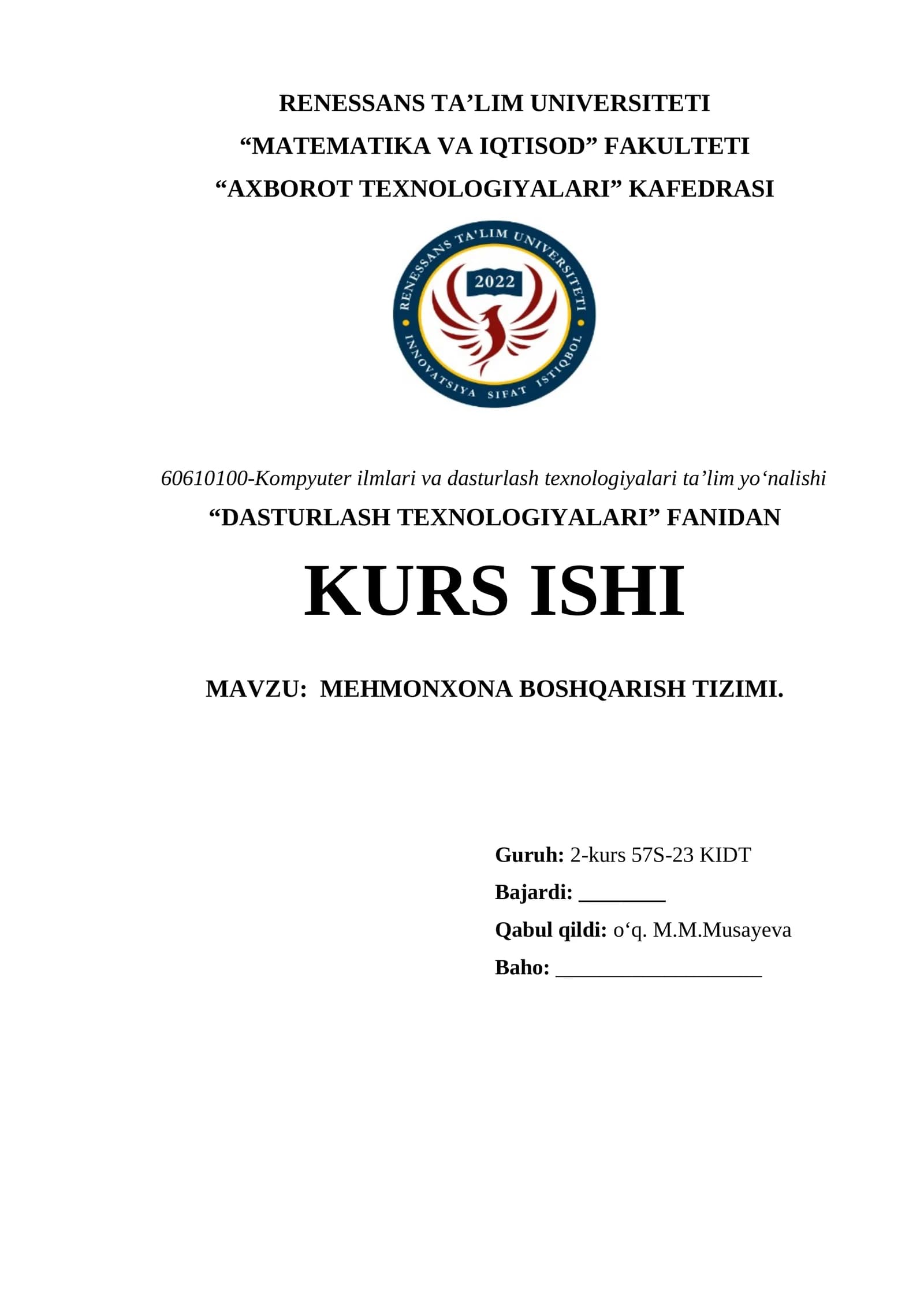 MEHMONXONA BOSHQARISH TIZIMI