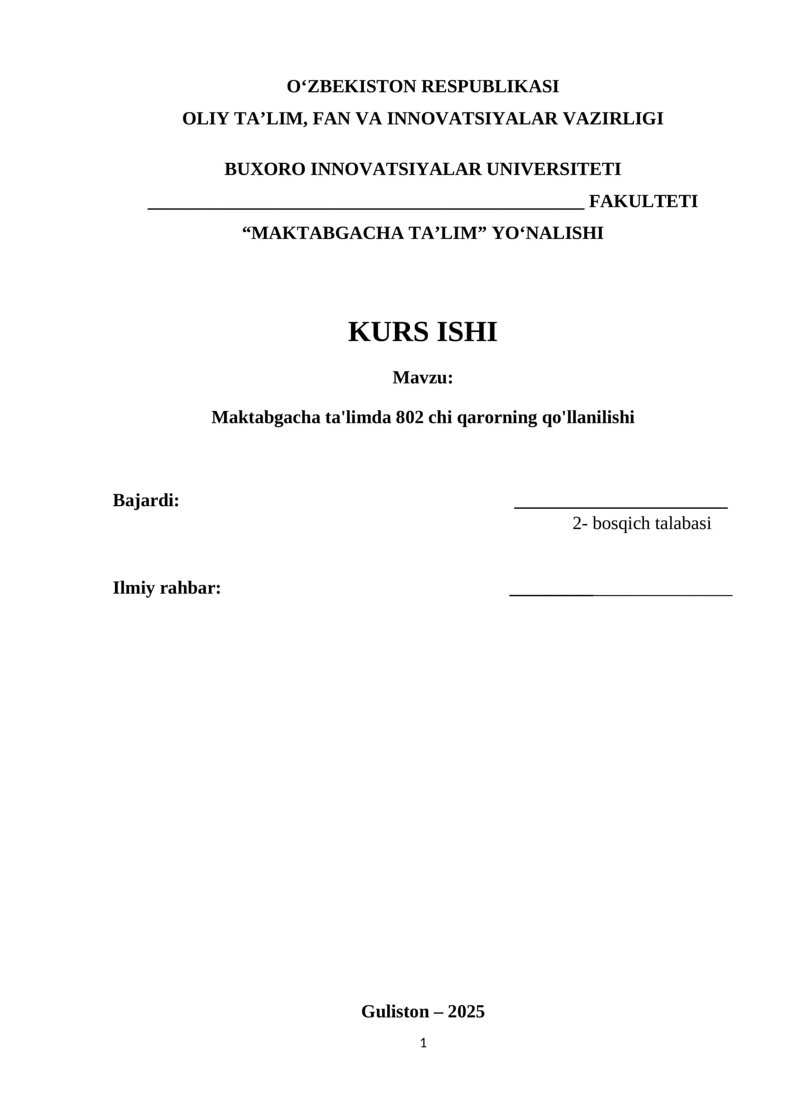 KURS ISHI: Maktabgacha ta'limda 802 chi qarorning qo'llanilishi