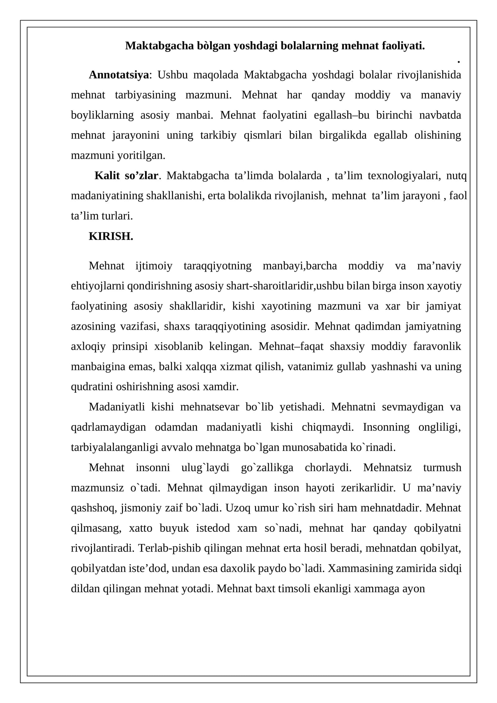 Maktabgacha bòlgan yoshdagi bolalarning mehnat faoliyati