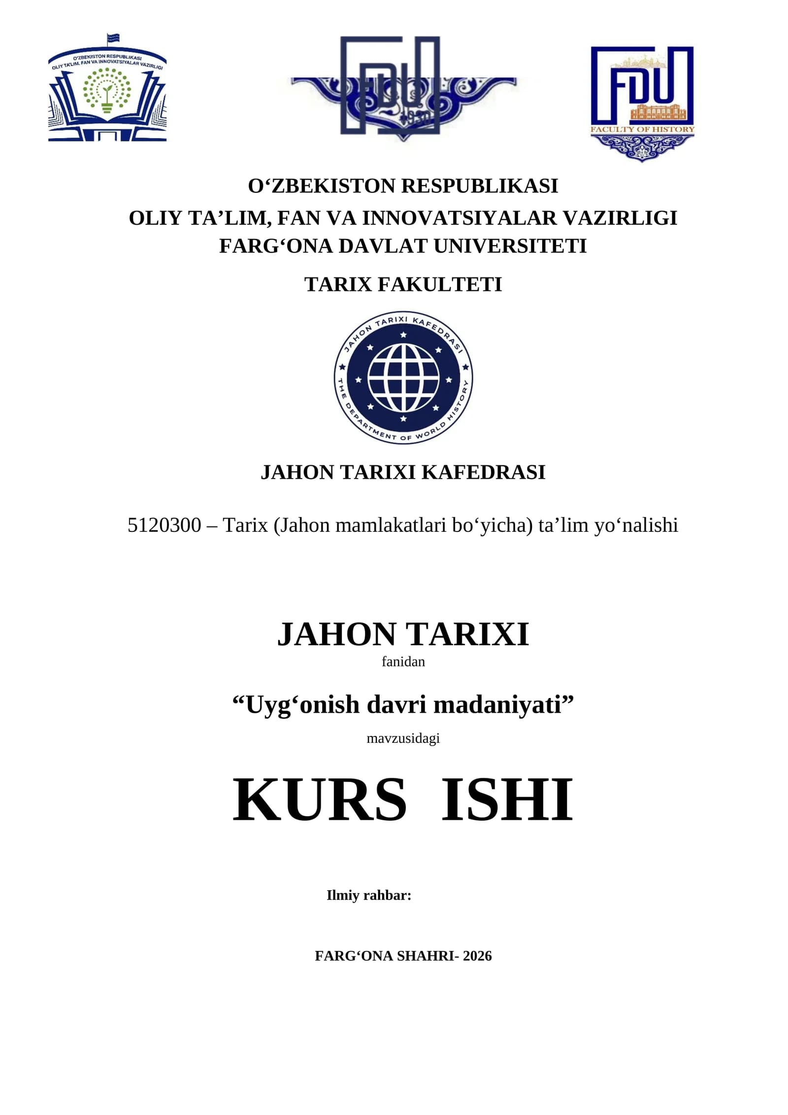 Uyg‘onish davri madaniyati KURS ISHI 2026 YIL