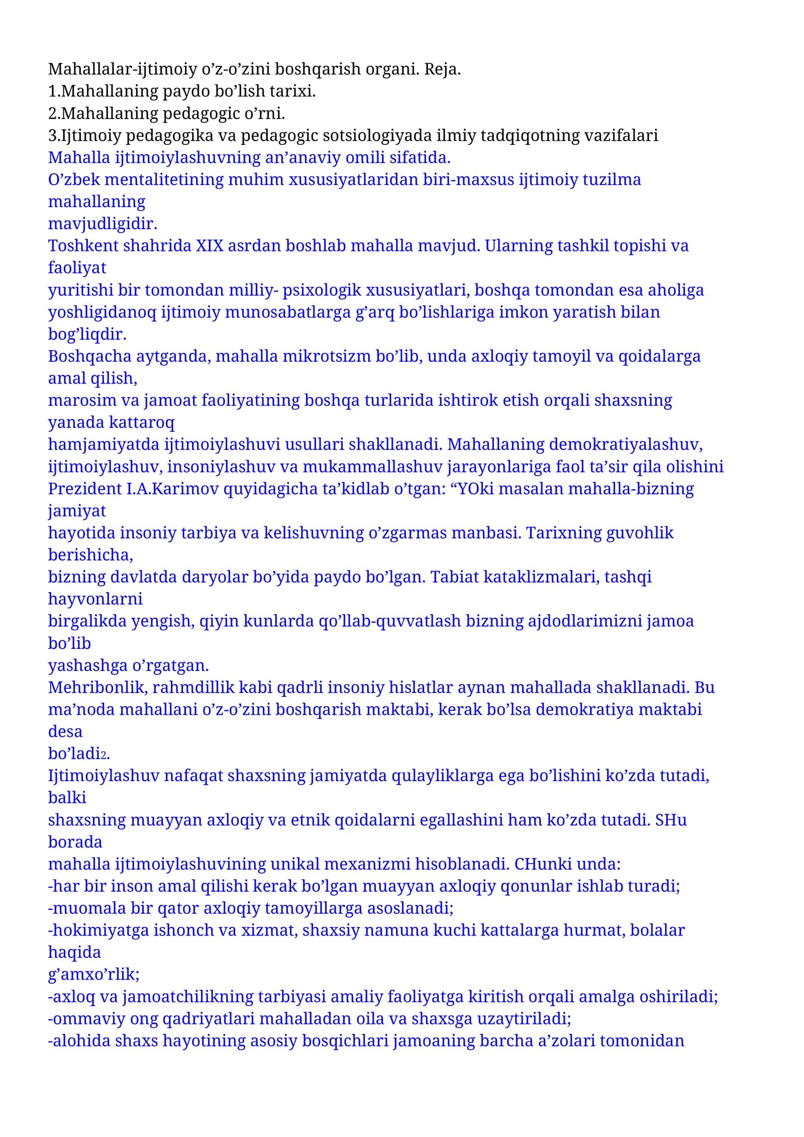 Mahallalar-ijtimoiy o’z-o’zini boshqarish organi. Reja