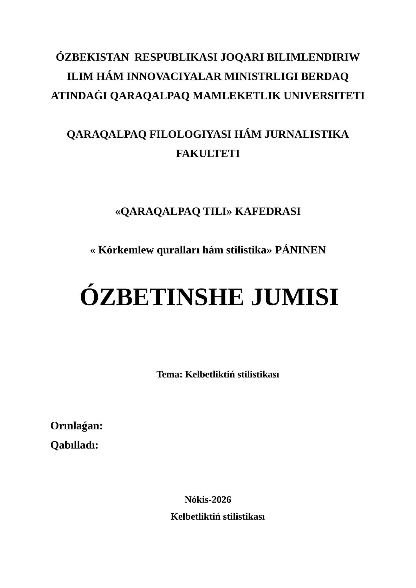 QARAQALPAQ TILI Kórkemlew quralları hám stilistika PÁNINEN