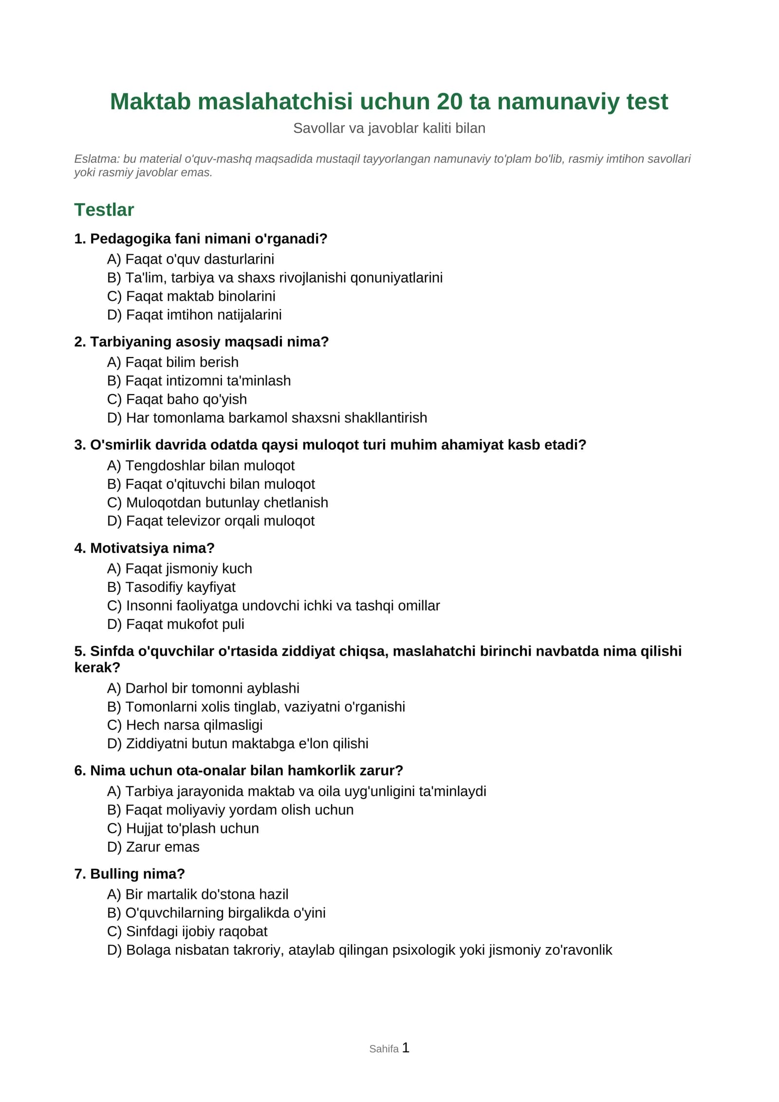 20 ta namunaviy test