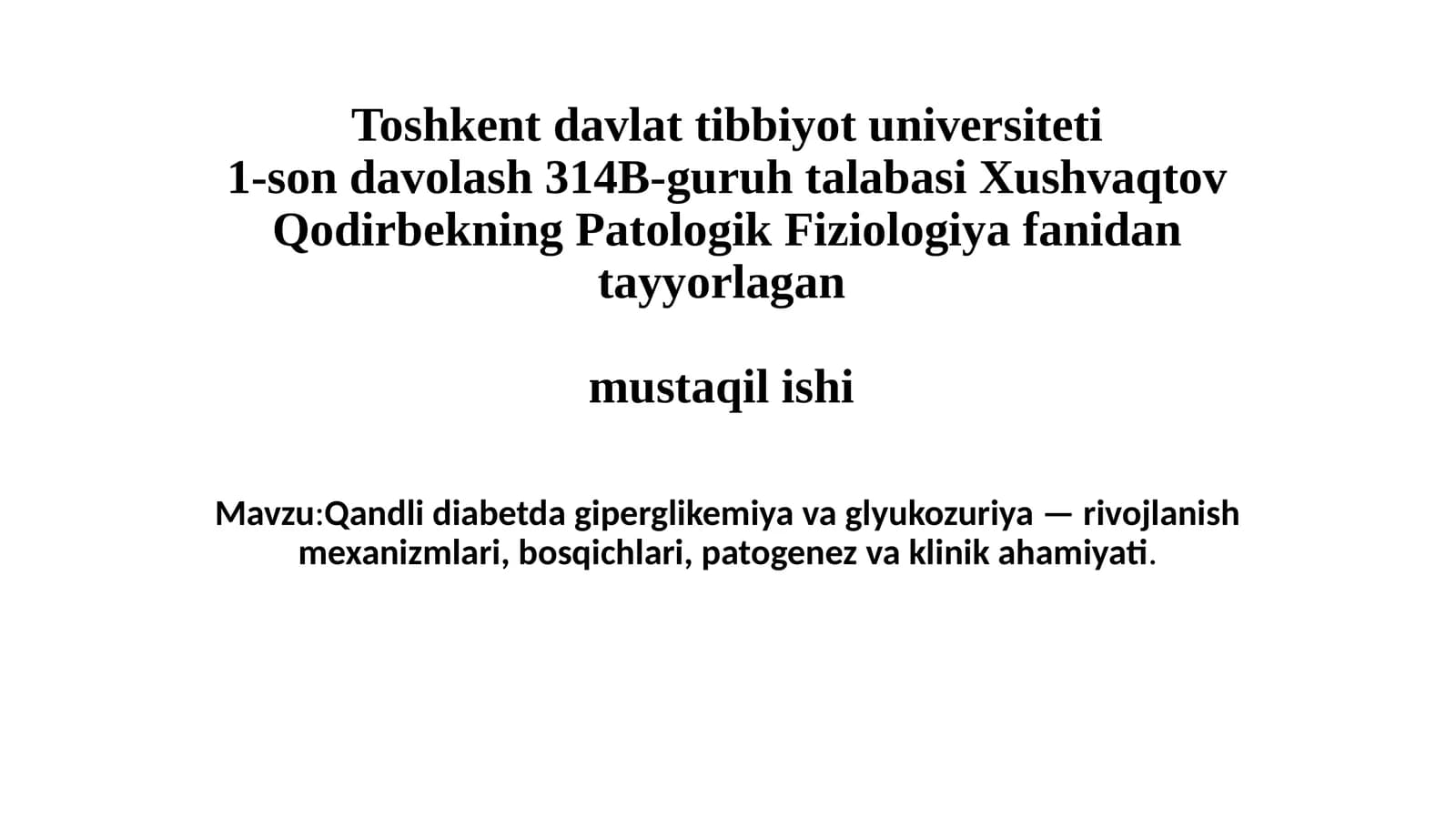 Giperglikemiyada Glükozuriyaning Klinik-Patogenez Mexanizmlari