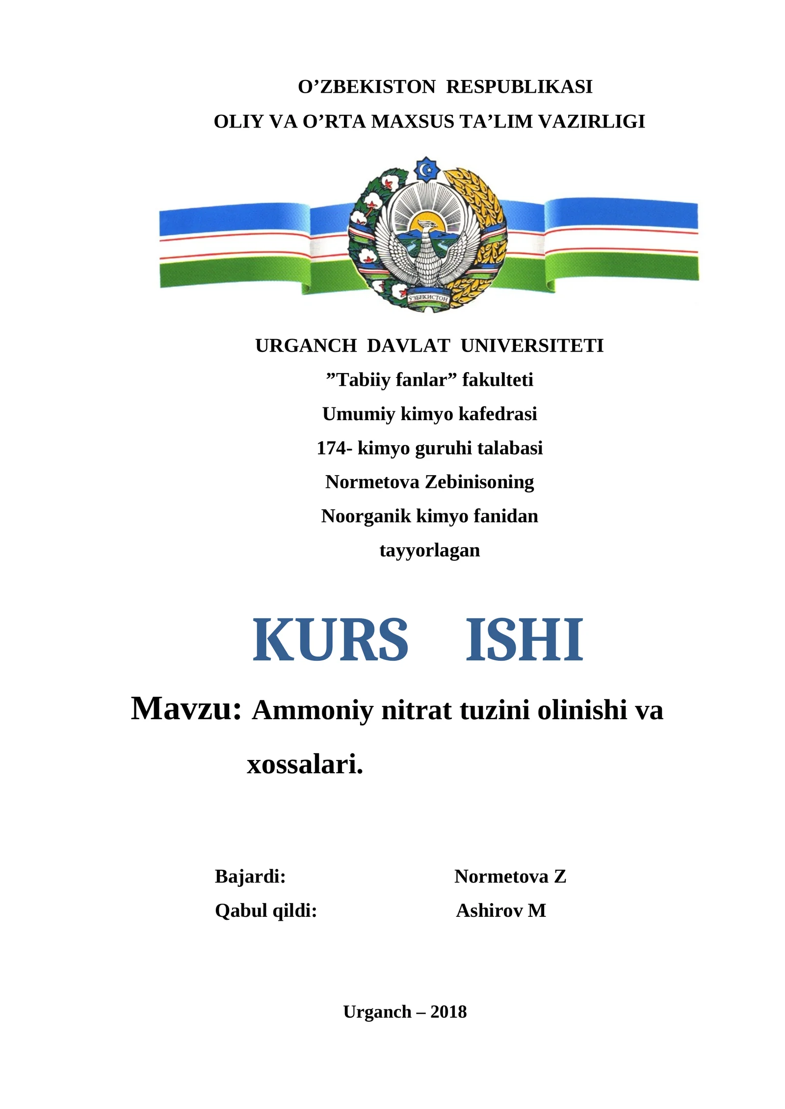 Ammoniy nitrat tuzini olinishi va xossalari