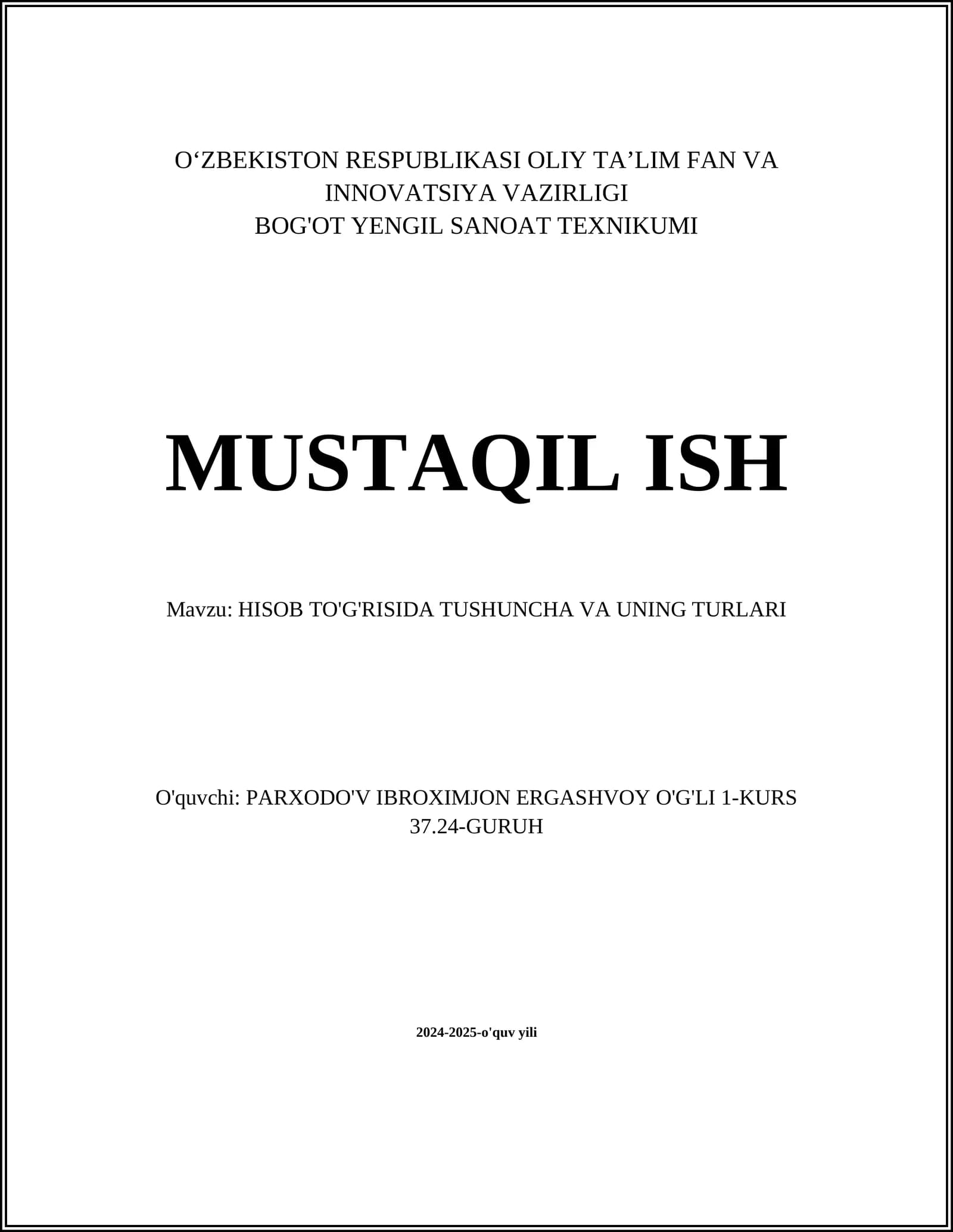 HISOB TO'G'RISIDA TUSHUNCHA VA UNING TURLARI