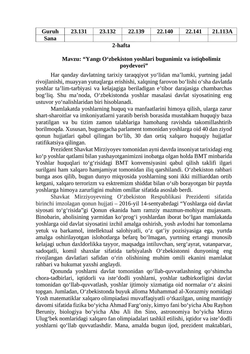 "Yangı O‘zbekiston yoshlari bugunimiz va istiqbolimiz poydevori"