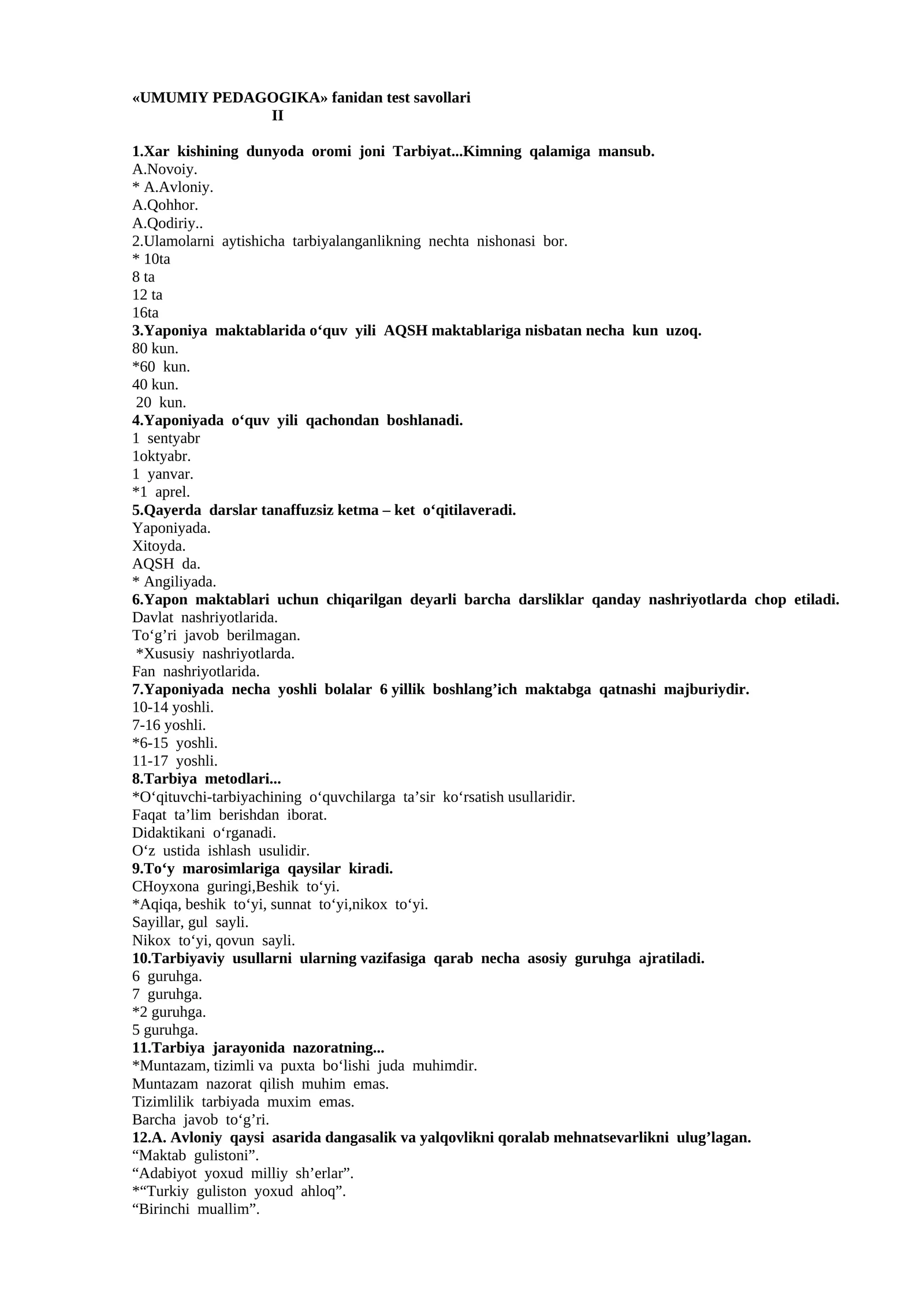 UMUMIY PEDAGOGIKA fanidan test savollari II