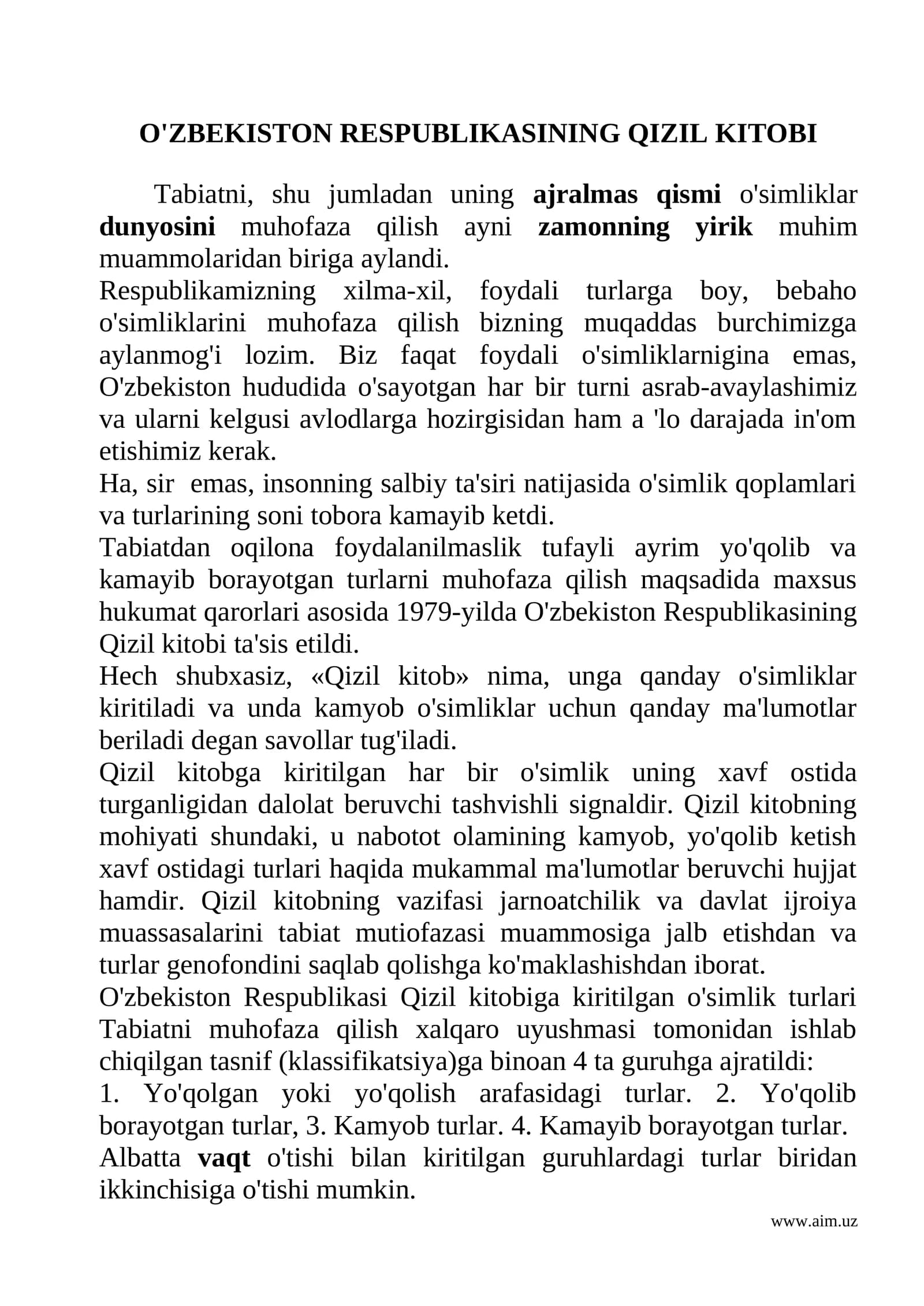 O'ZBEKISTON RESPUBLIKASINING QIZIL KITOBI