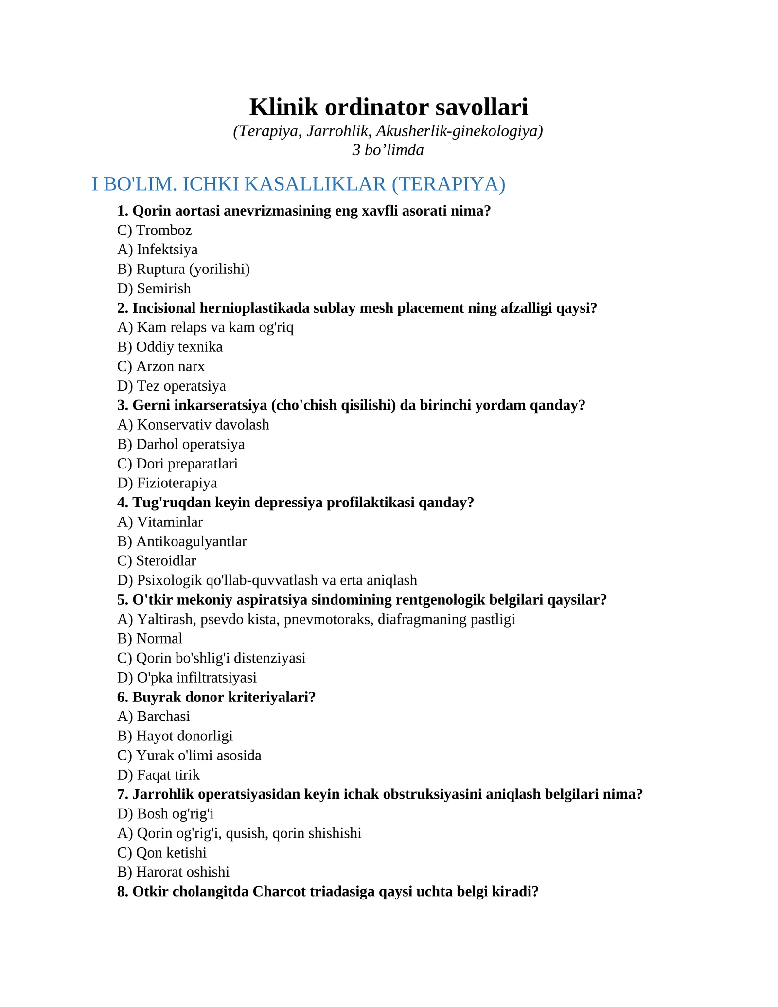 Klinik ordinator savollari